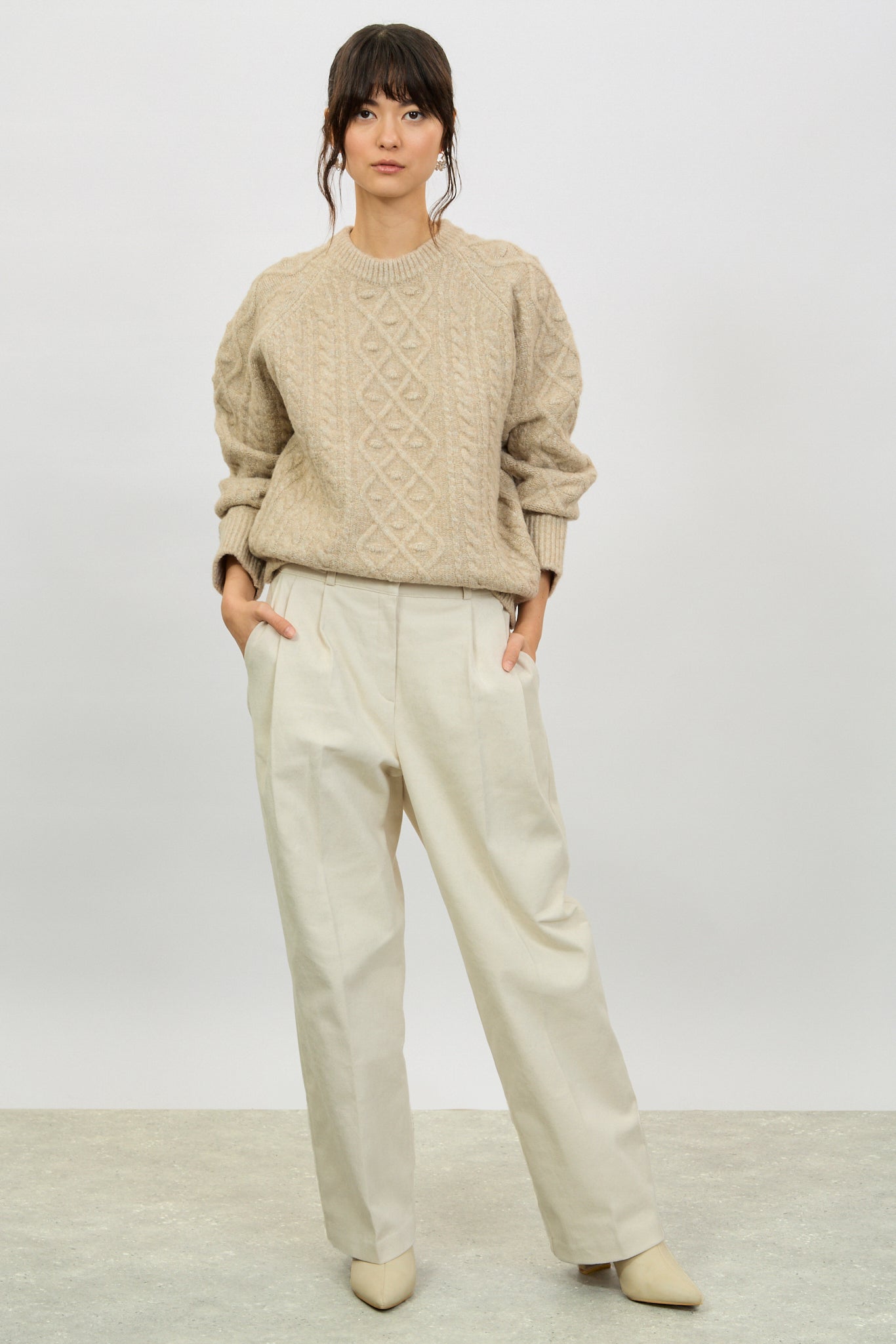 Beige bobble cable knit crew neck jumper_4