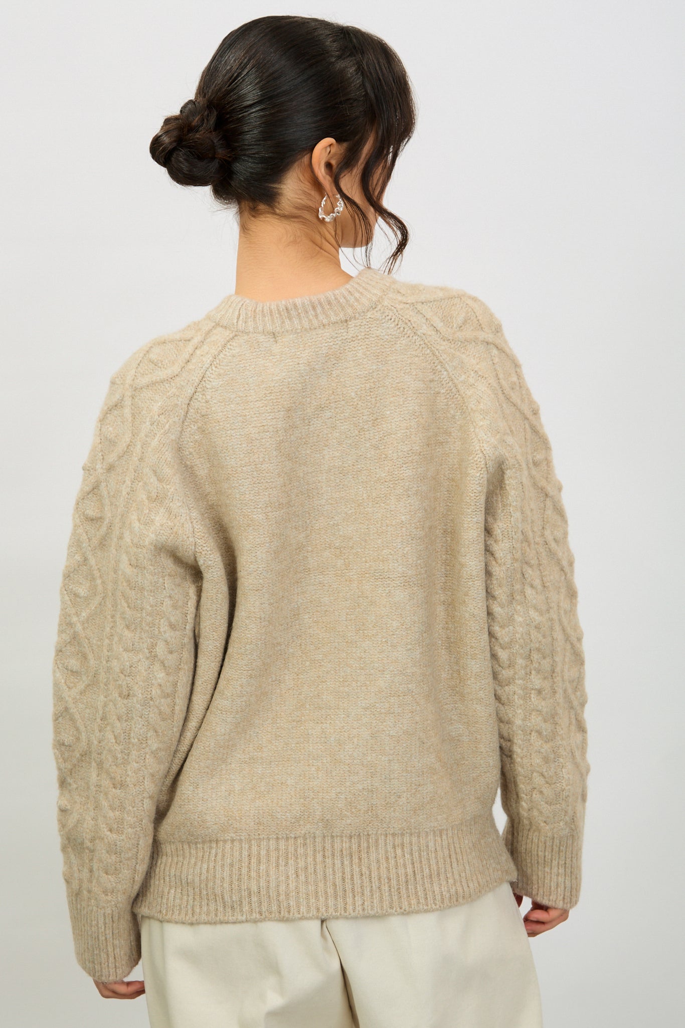 Beige bobble cable knit crew neck jumper_2