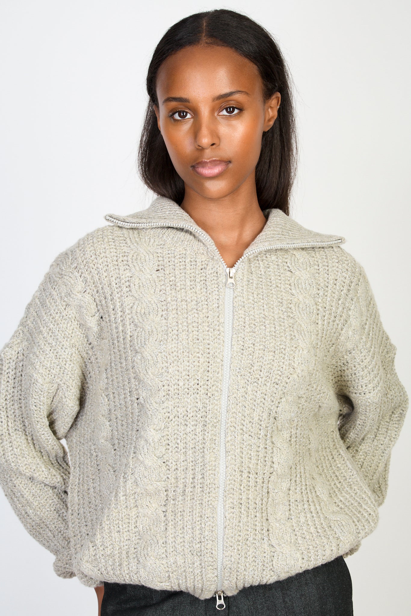 Beige cable knit relaxed fit zip cardigan_1