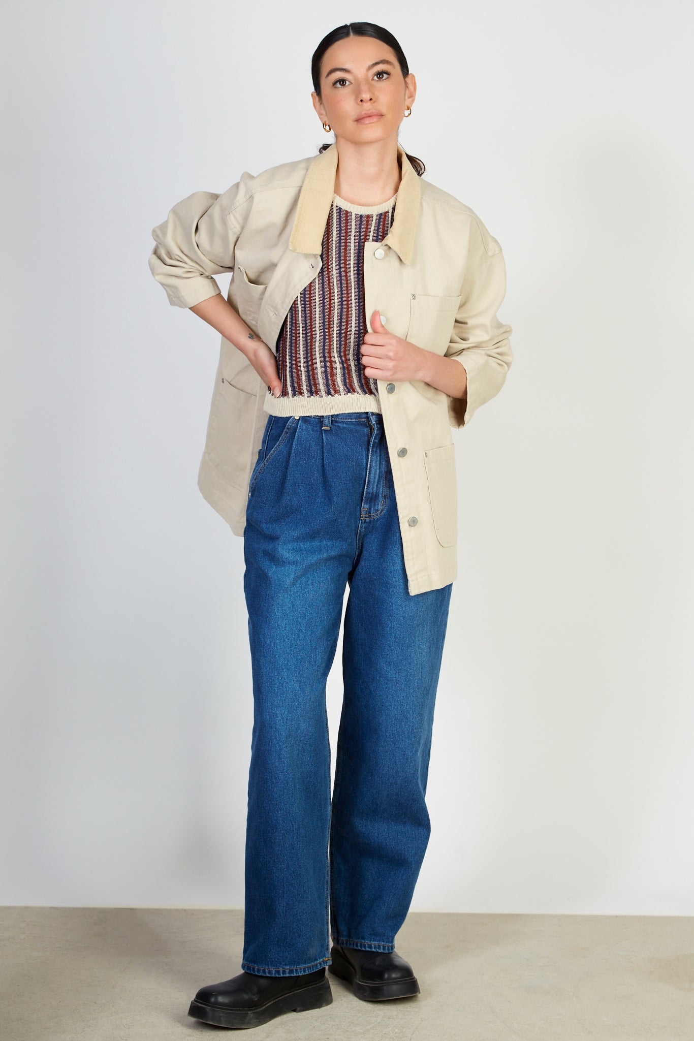 Beige cotton twill corduroy collar jacket_5