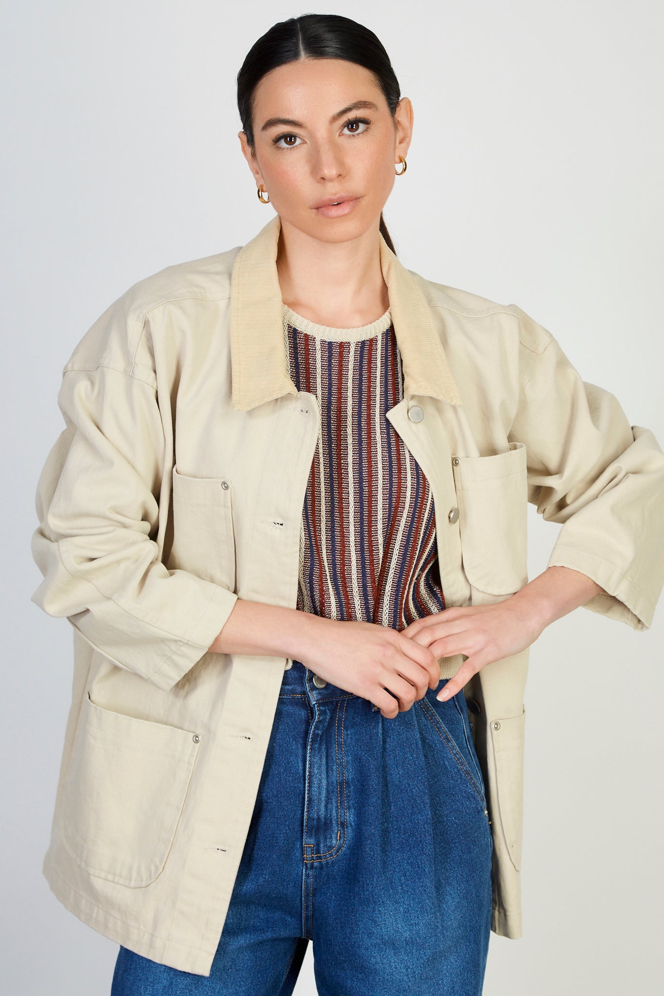 Beige cotton twill corduroy collar jacket_2