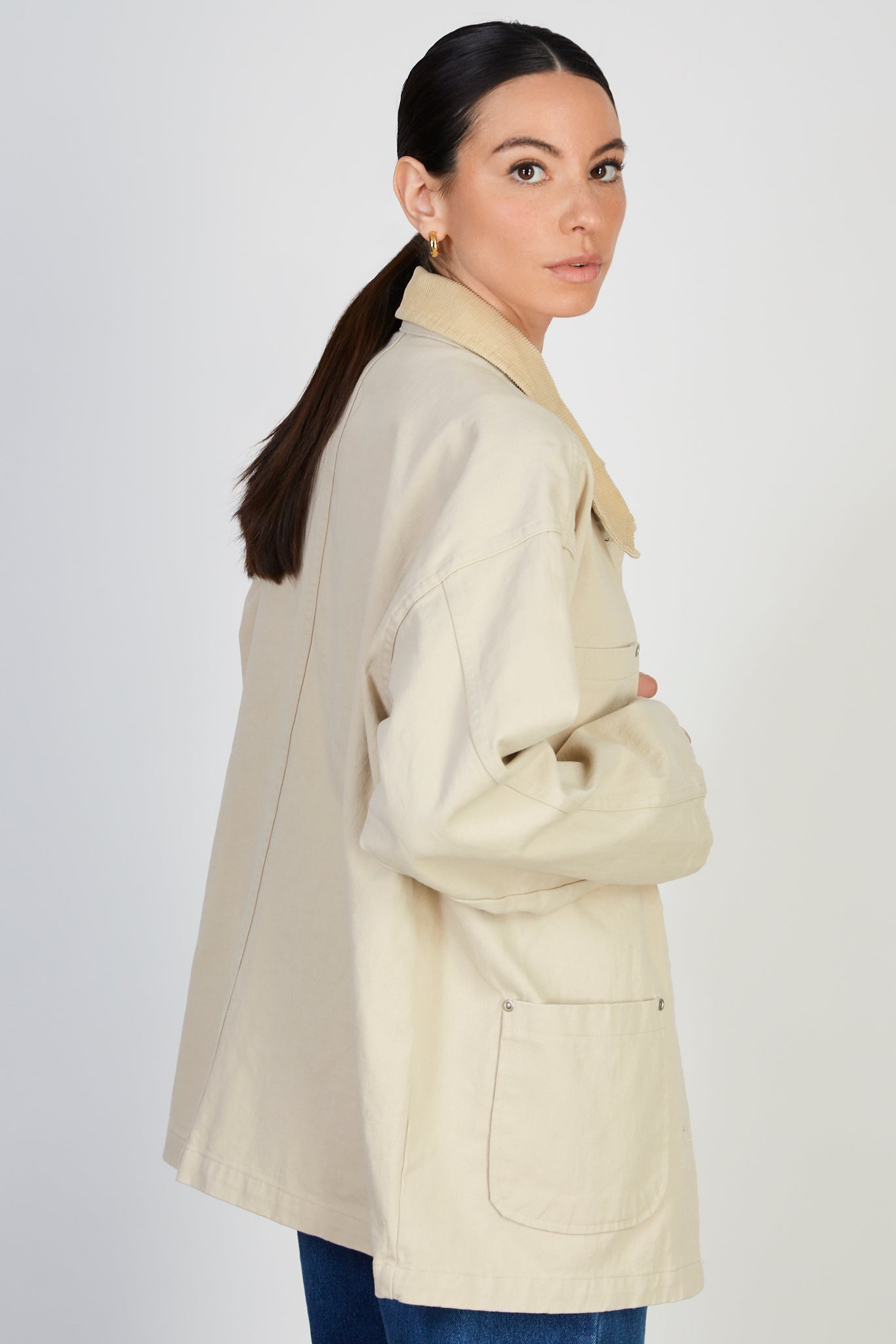 Beige cotton twill corduroy collar jacket_3