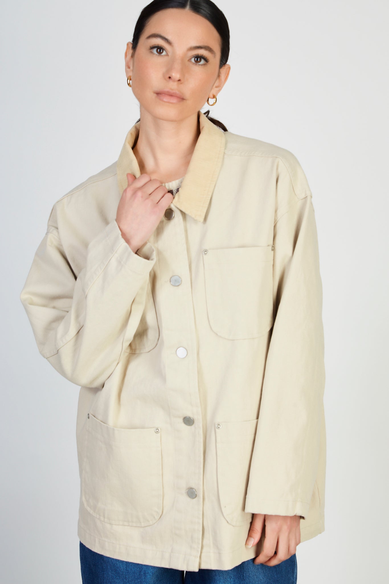 Beige cotton twill corduroy collar jacket_1