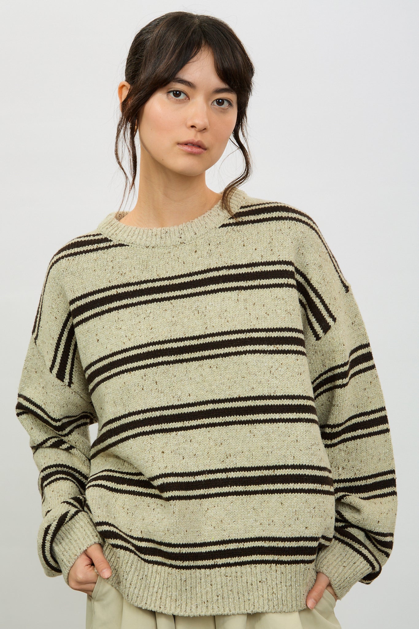 Beige fleck and black striped wool blend jumper_1