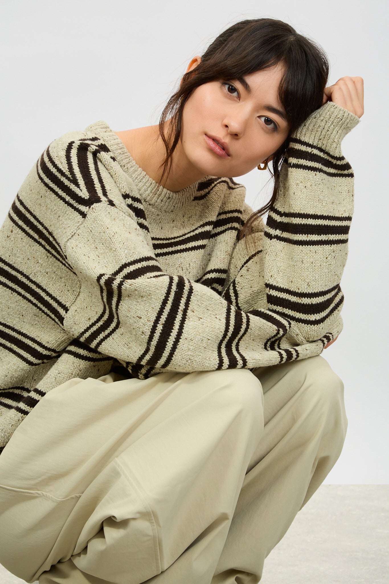 Beige fleck and black striped wool blend jumper_5