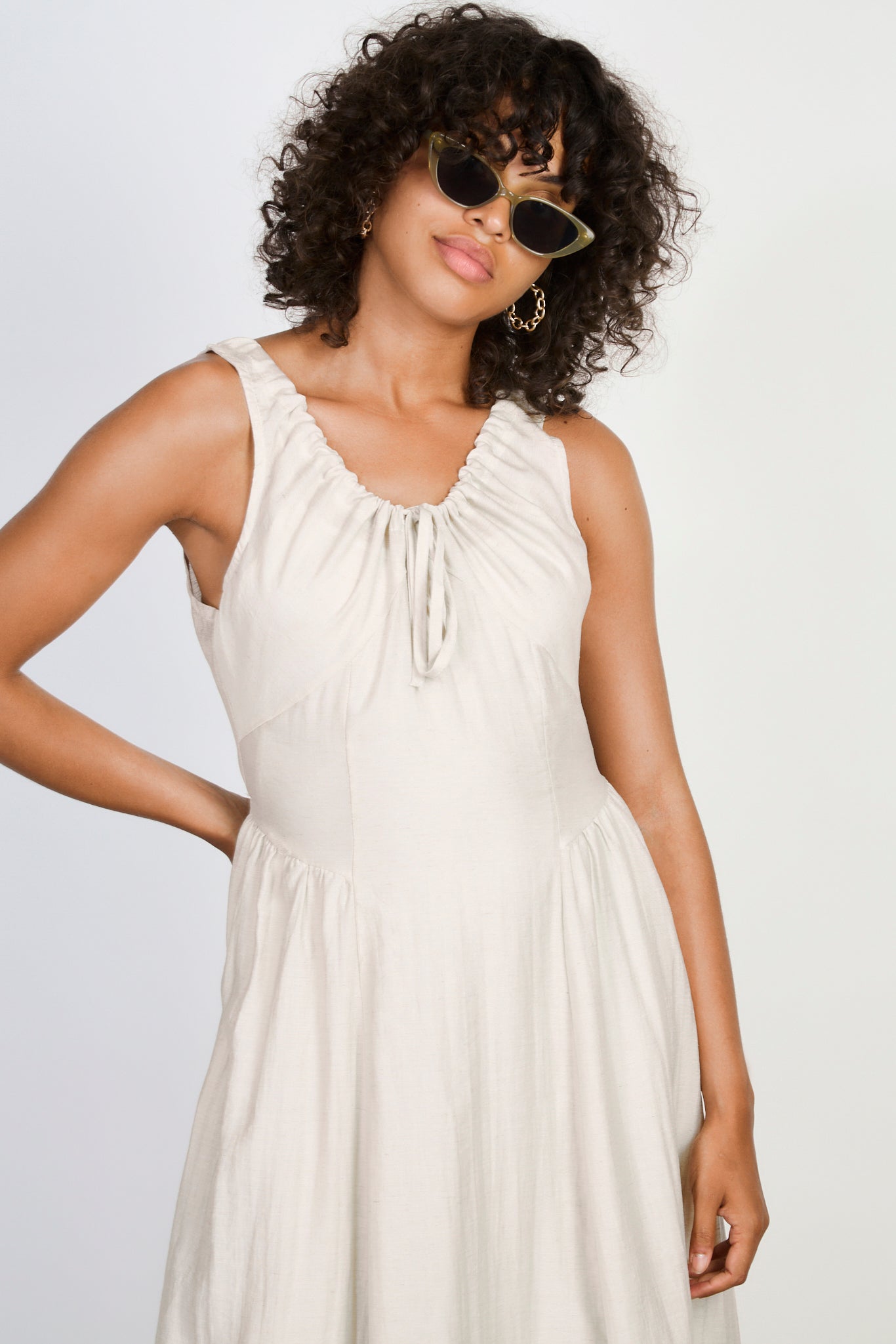 Beige gathered neckline peasant dress_2