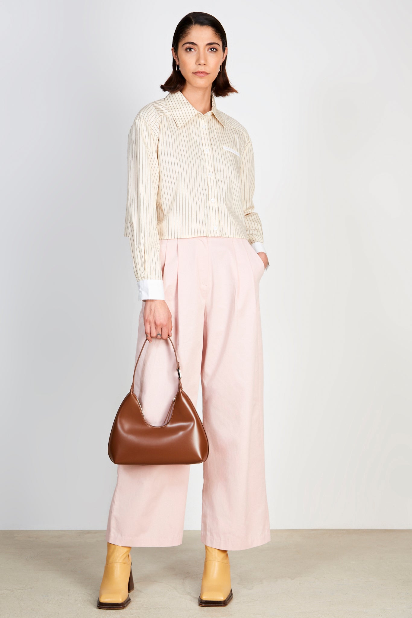 Beige pinstriped smart cropped shirt_5