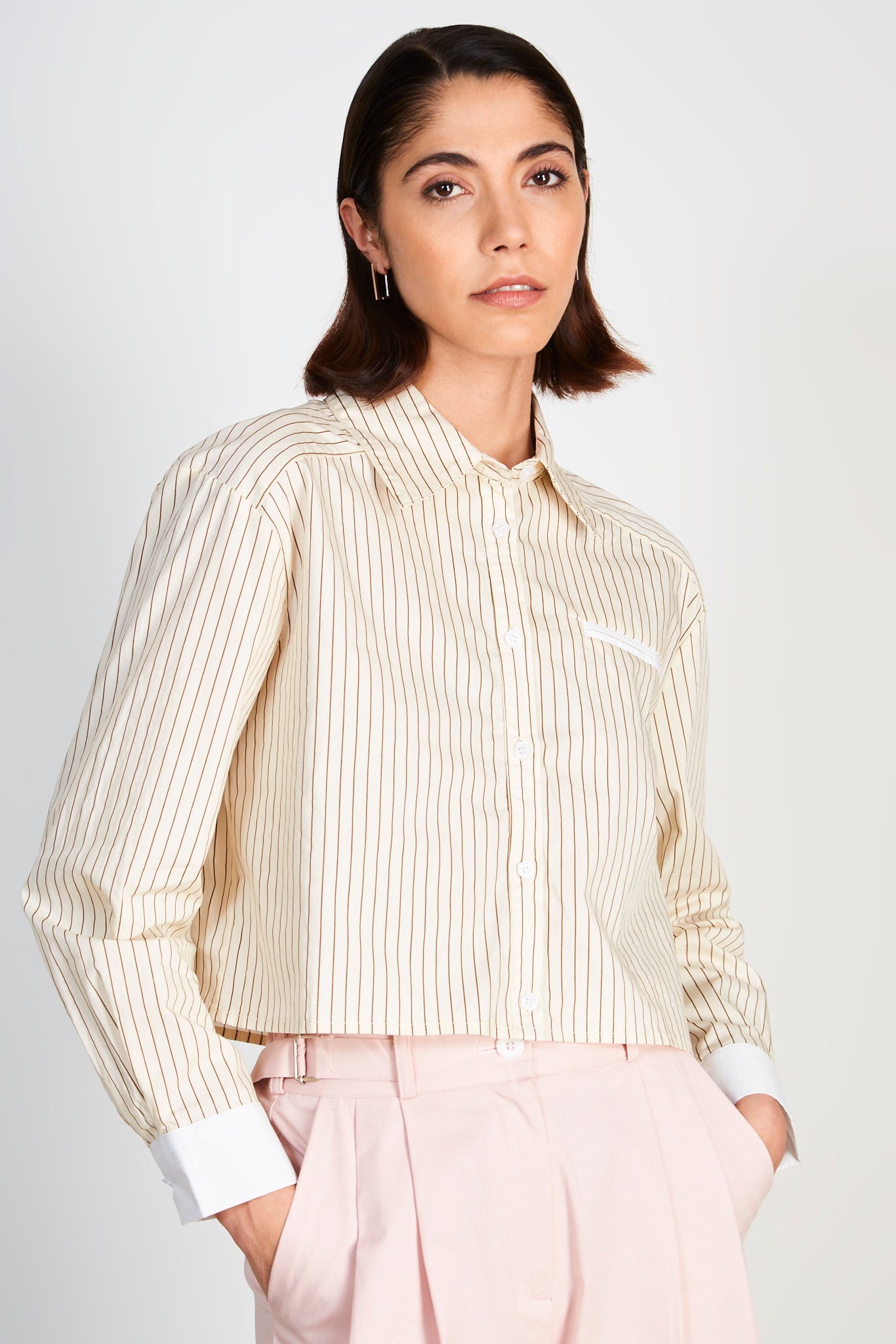 Beige pinstriped smart cropped shirt_2