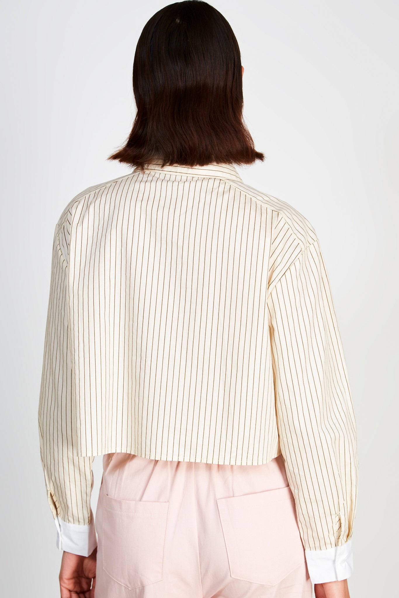 Beige pinstriped smart cropped shirt_3