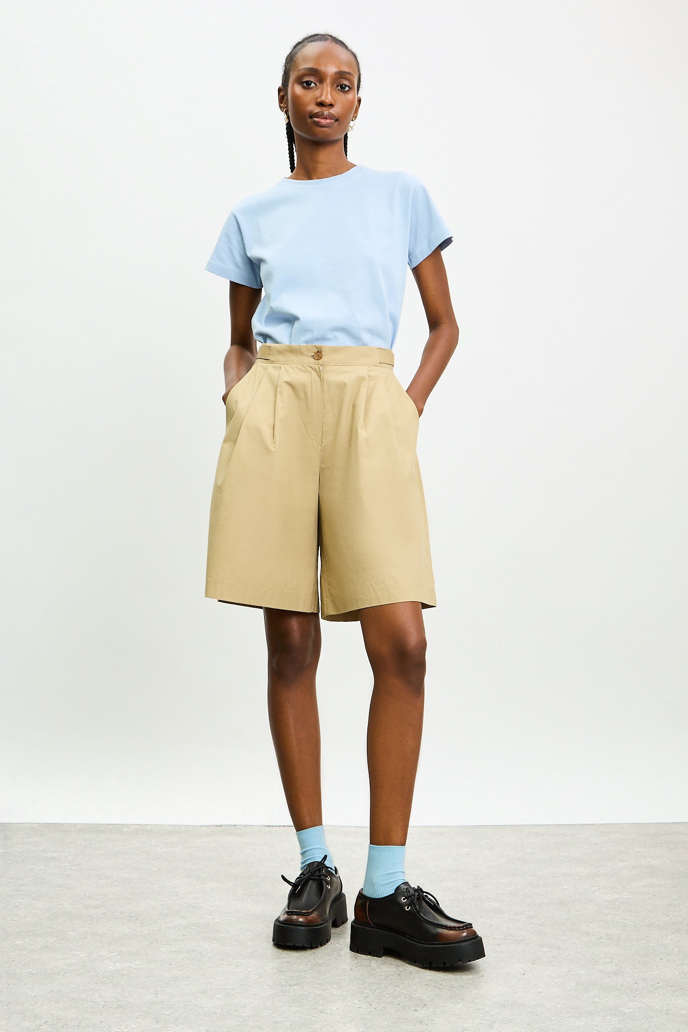 Beige pure cotton vegan leather banded shorts_4