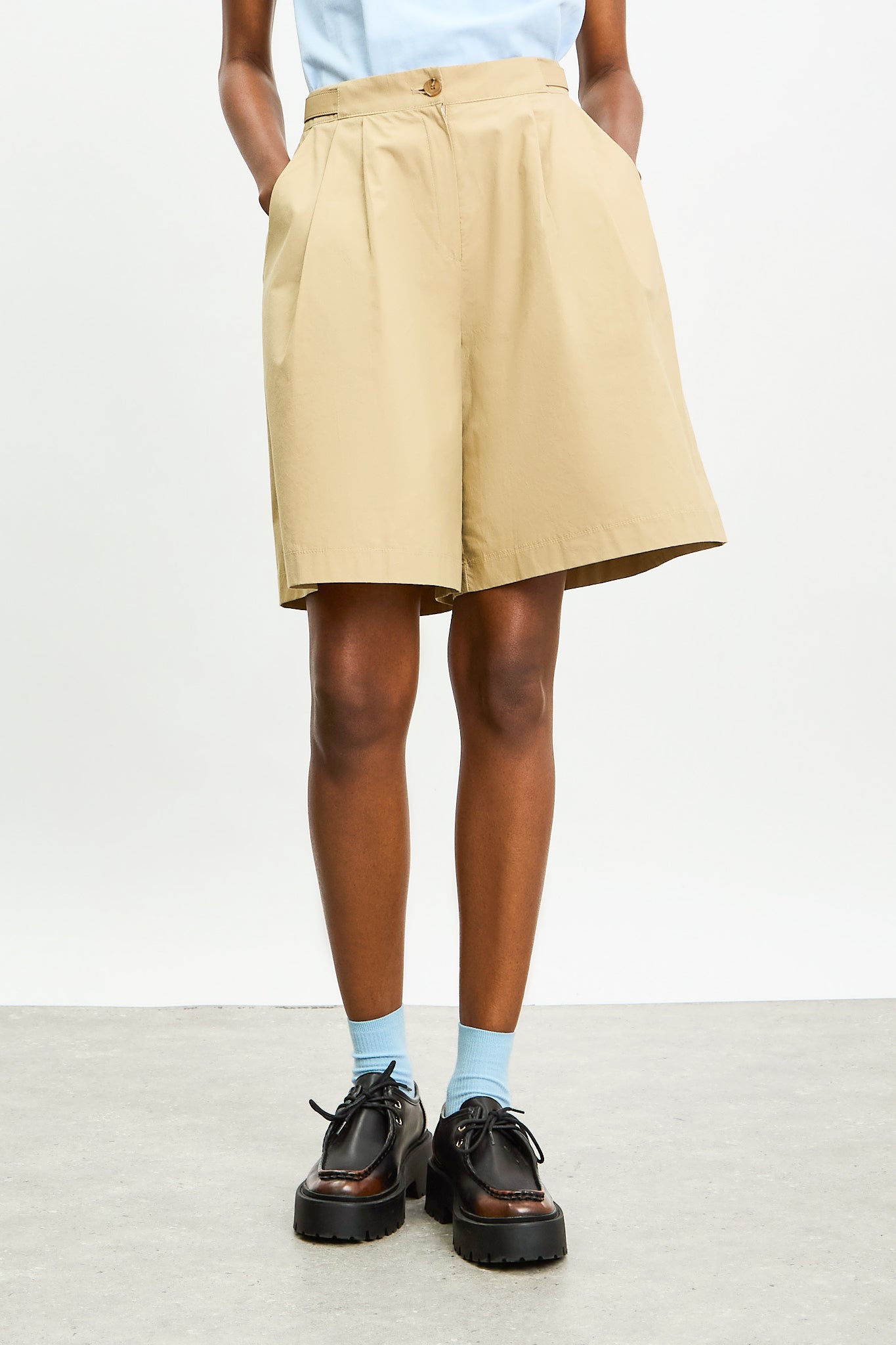 Beige pure cotton vegan leather banded shorts_1