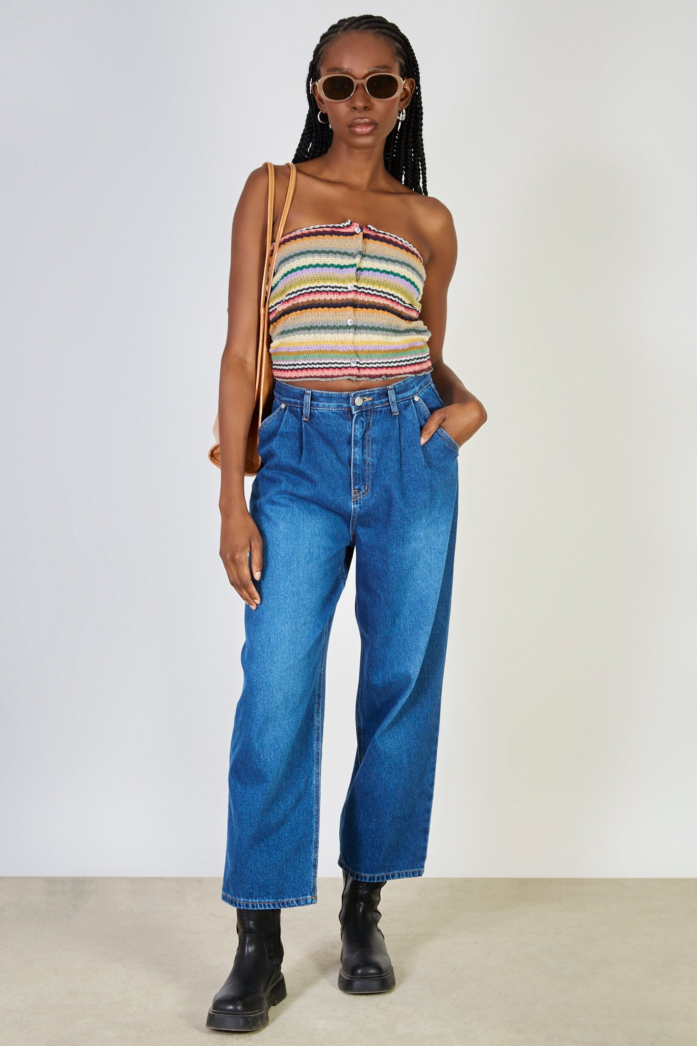 Beige rainbow stripe strapless top_5