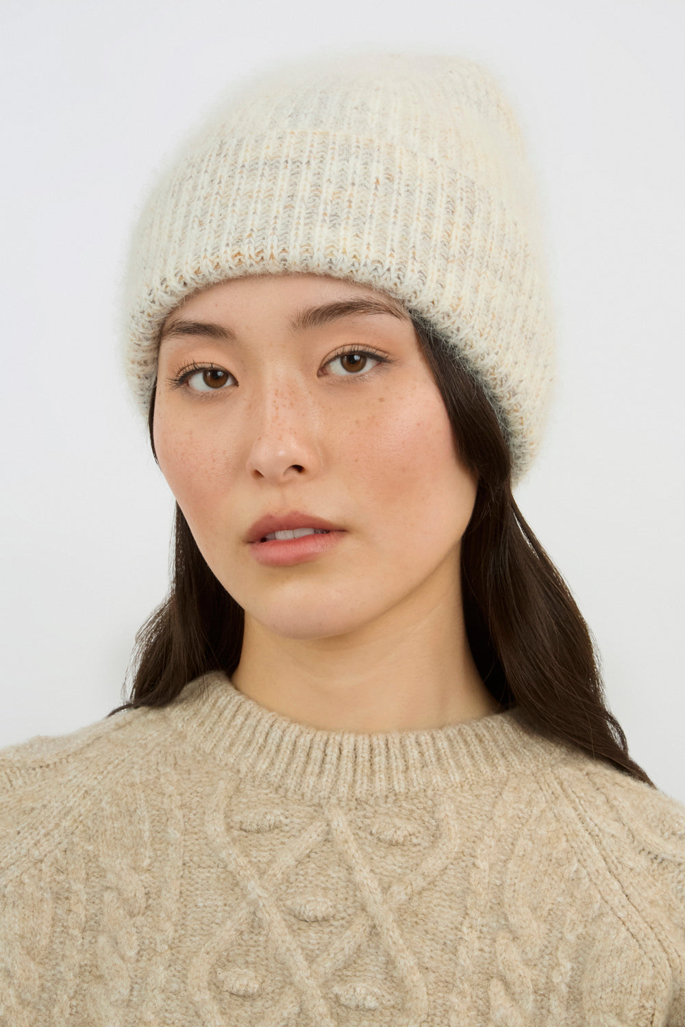 Beige ribbed angora blend beanie hat_3