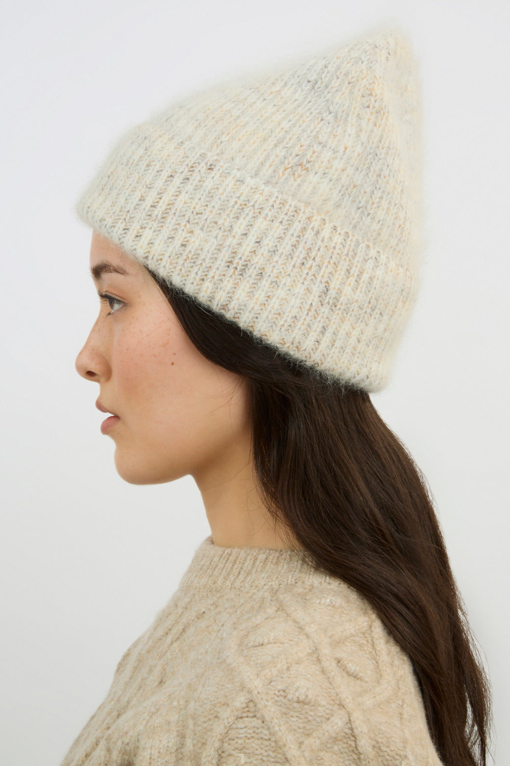 Beige ribbed angora blend beanie hat_4