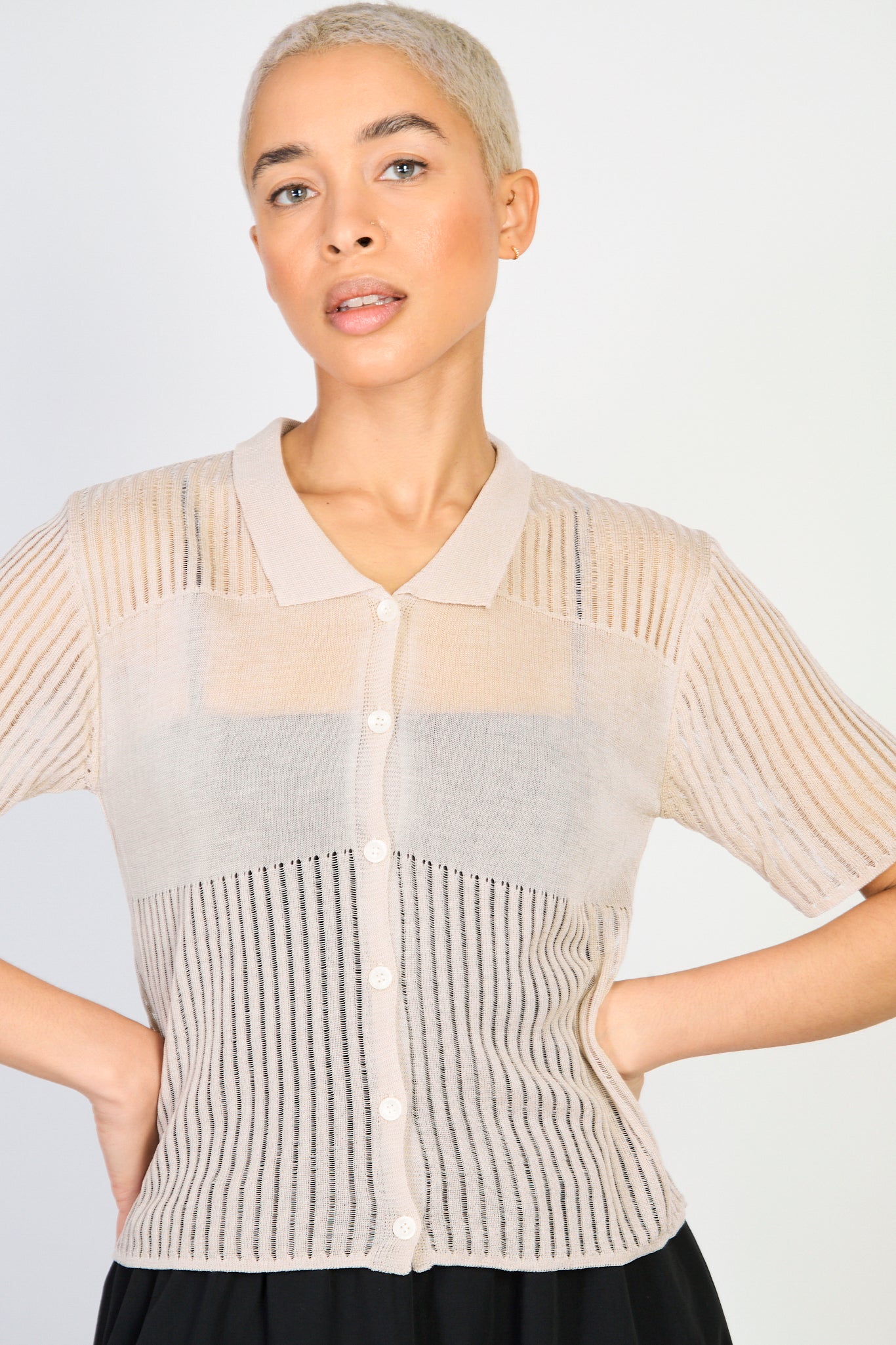 Beige semi sheer block stripe knit tee_1