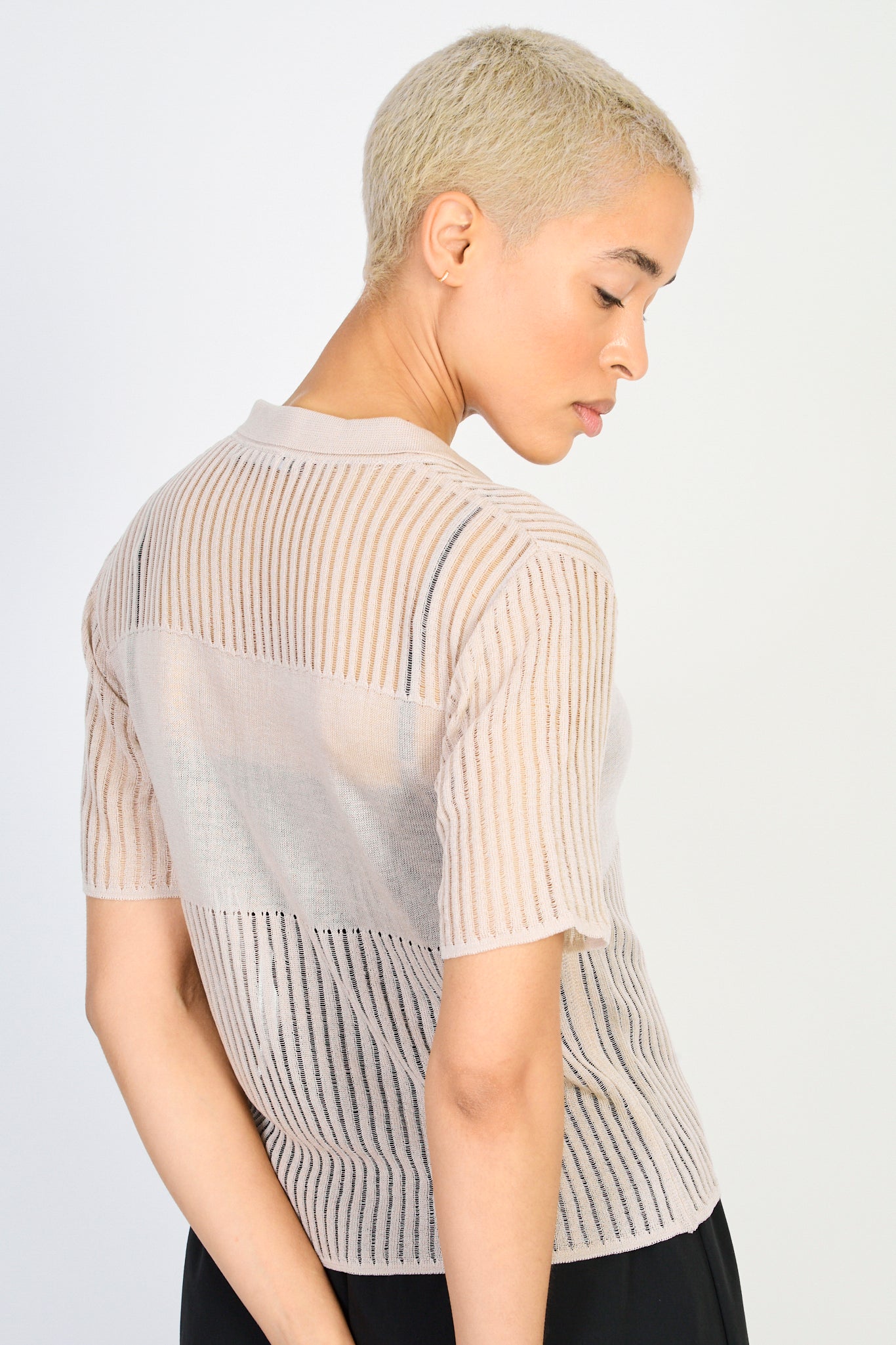 Beige semi sheer block stripe knit tee_2