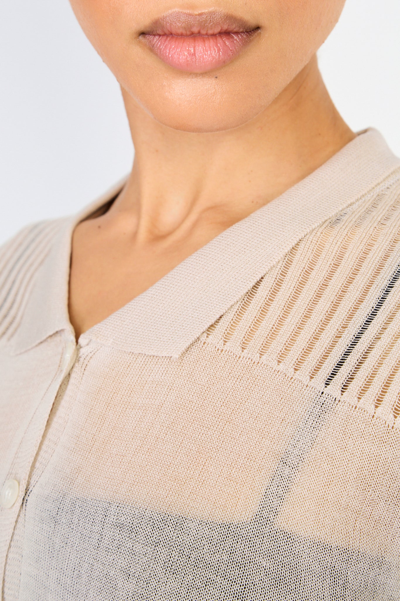 Beige semi sheer block stripe knit tee_3