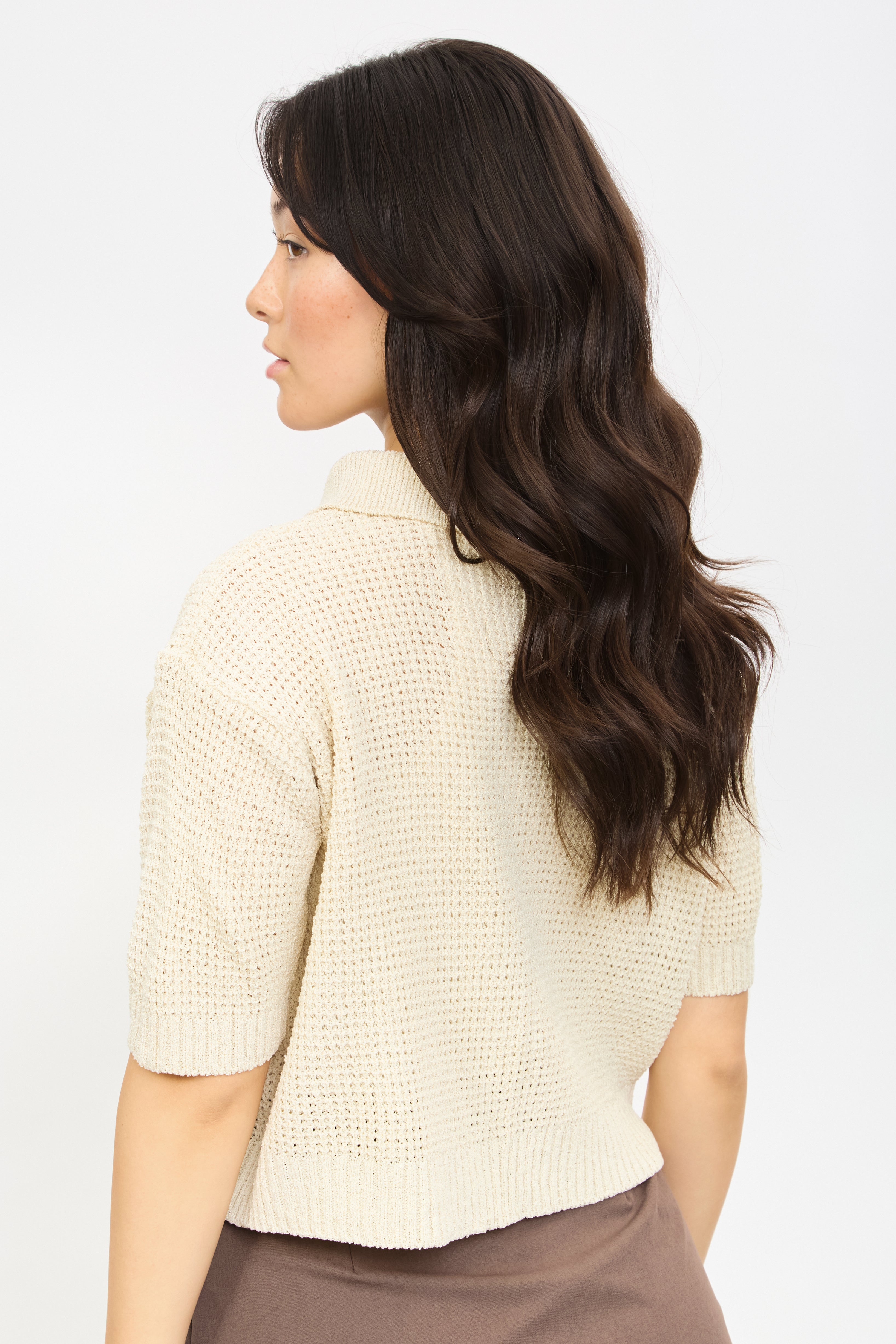 Beige short sleeve button front knit polo_6