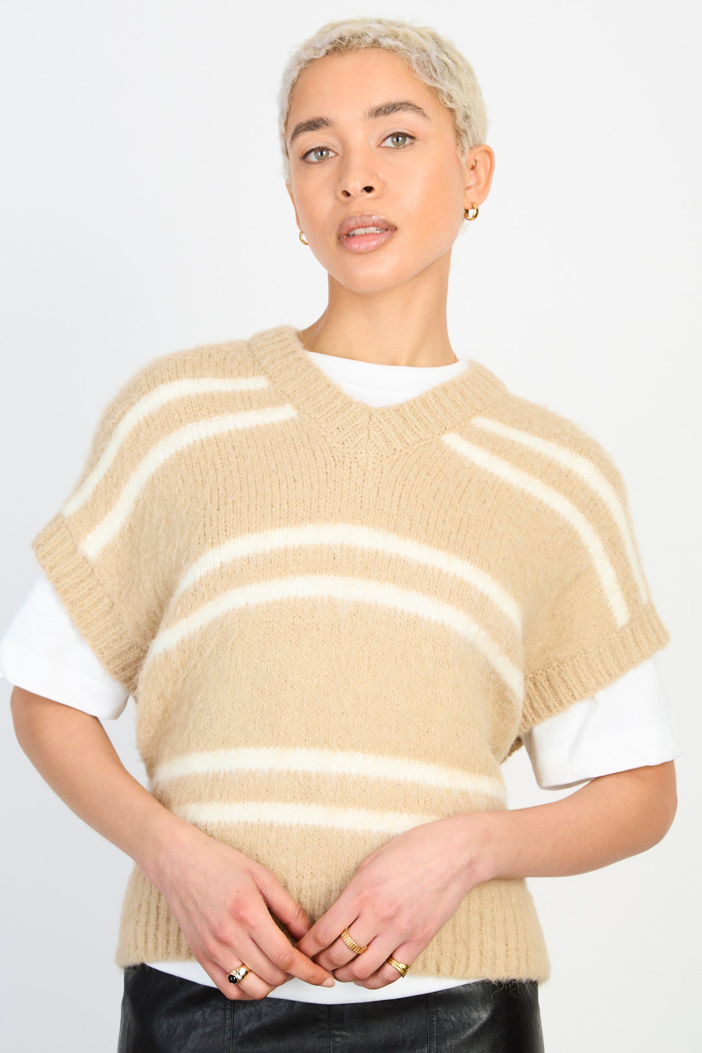 Beige striped wool blend sweater vest_1