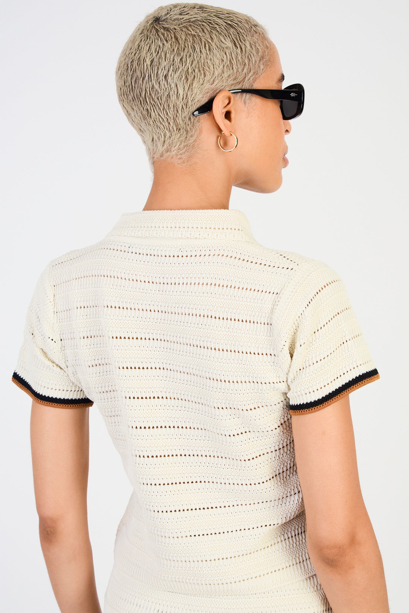 Beige textured knit button front tee_2