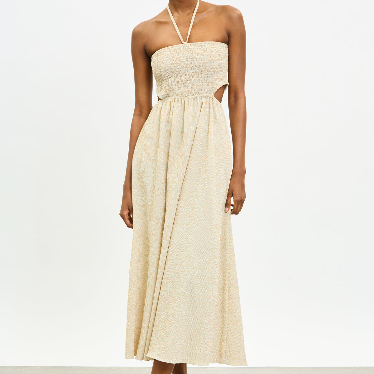 Glassworks London Beige Textured Stripe Ruched Peek Side Dress Glassworks London Beige Textured Stripe Ruched Peek Side Dress