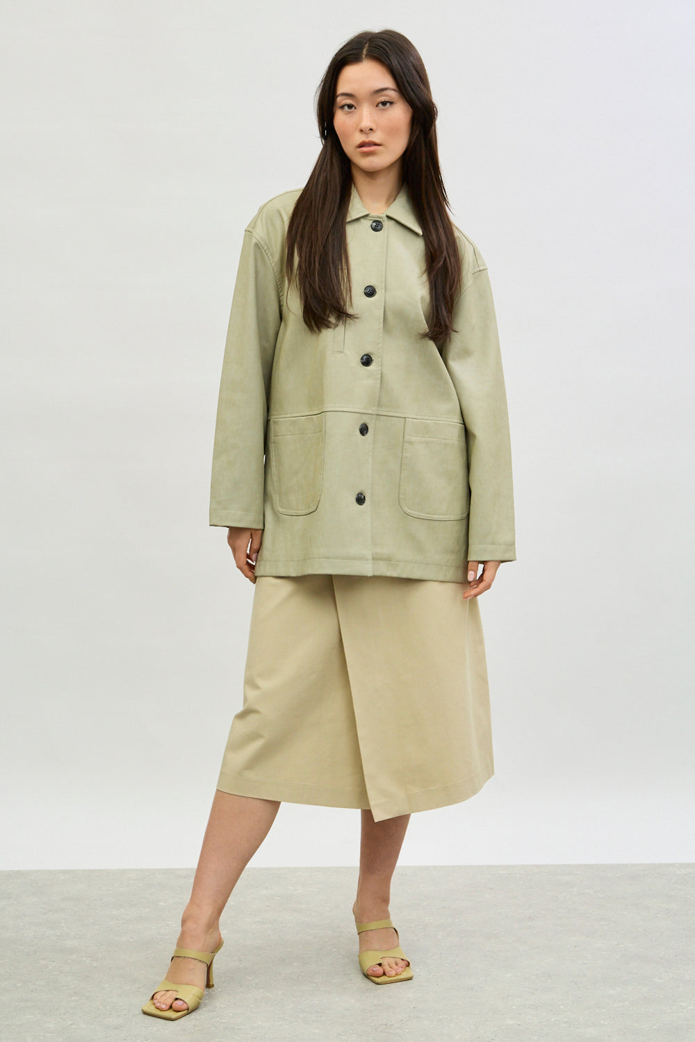 Beige vegan leather patch pocket contrast button jacket_5