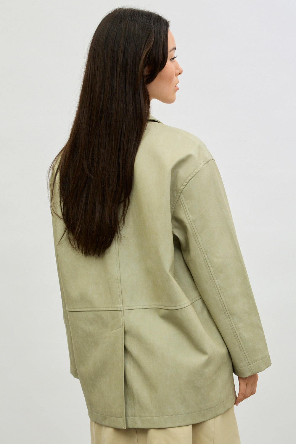 Beige vegan leather patch pocket contrast button jacket_2