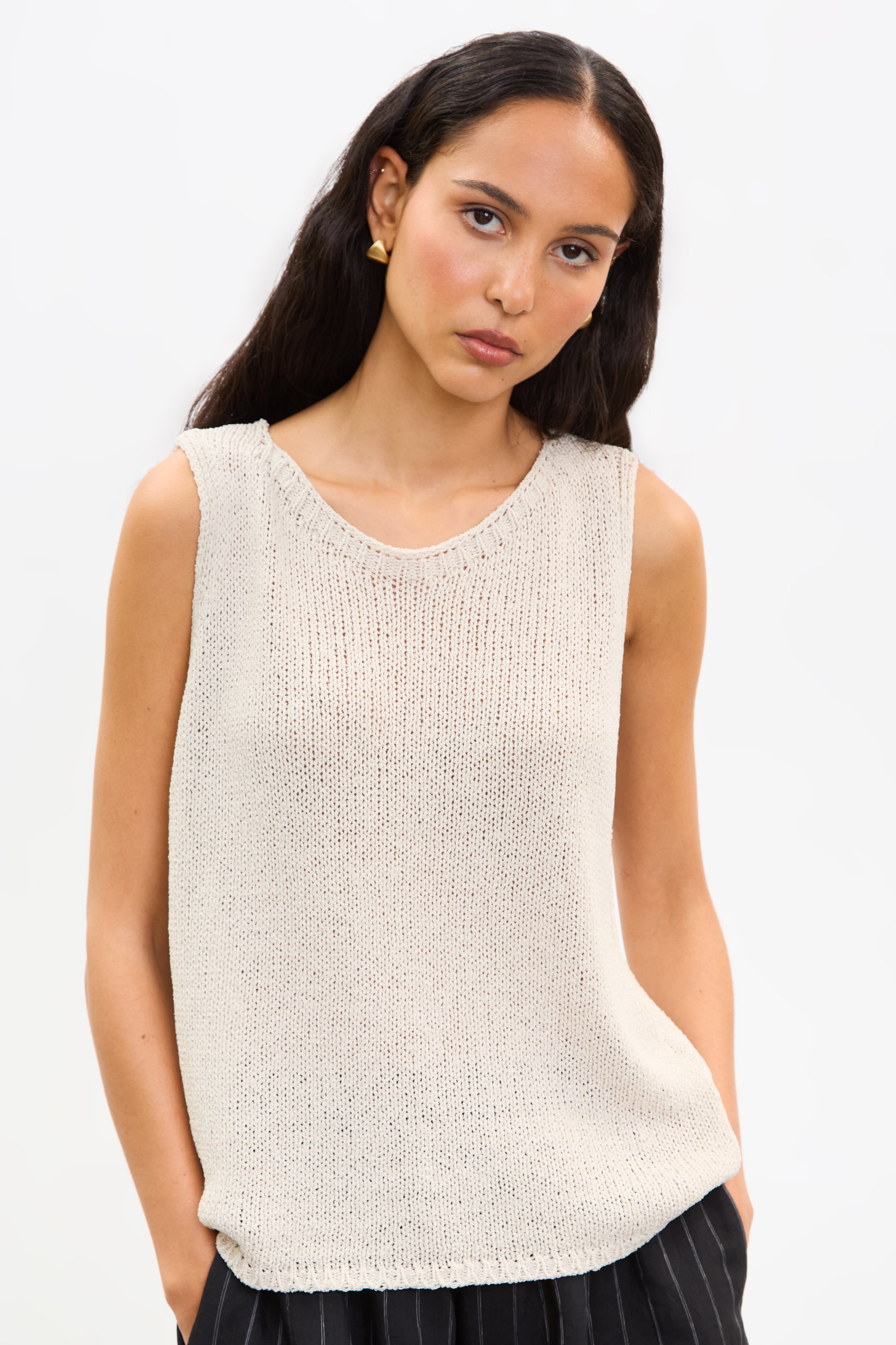 Beige wide neck knit tank_1
