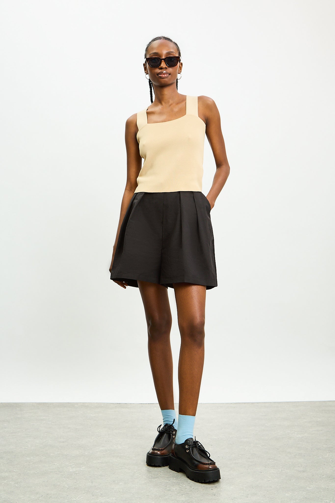 Beige wide strap cross back knit tank_4