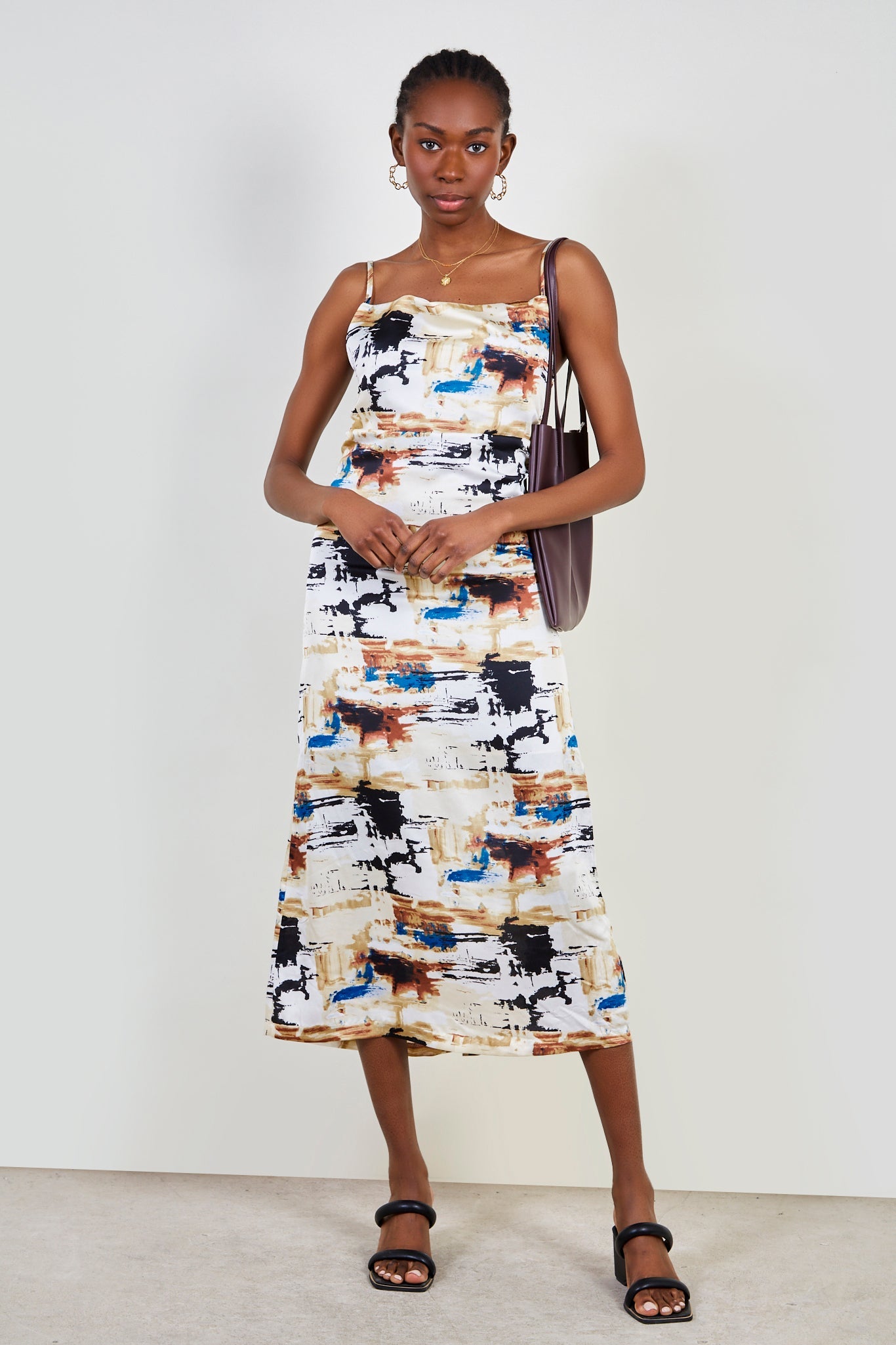 Beige abstract print silky slip dress_1