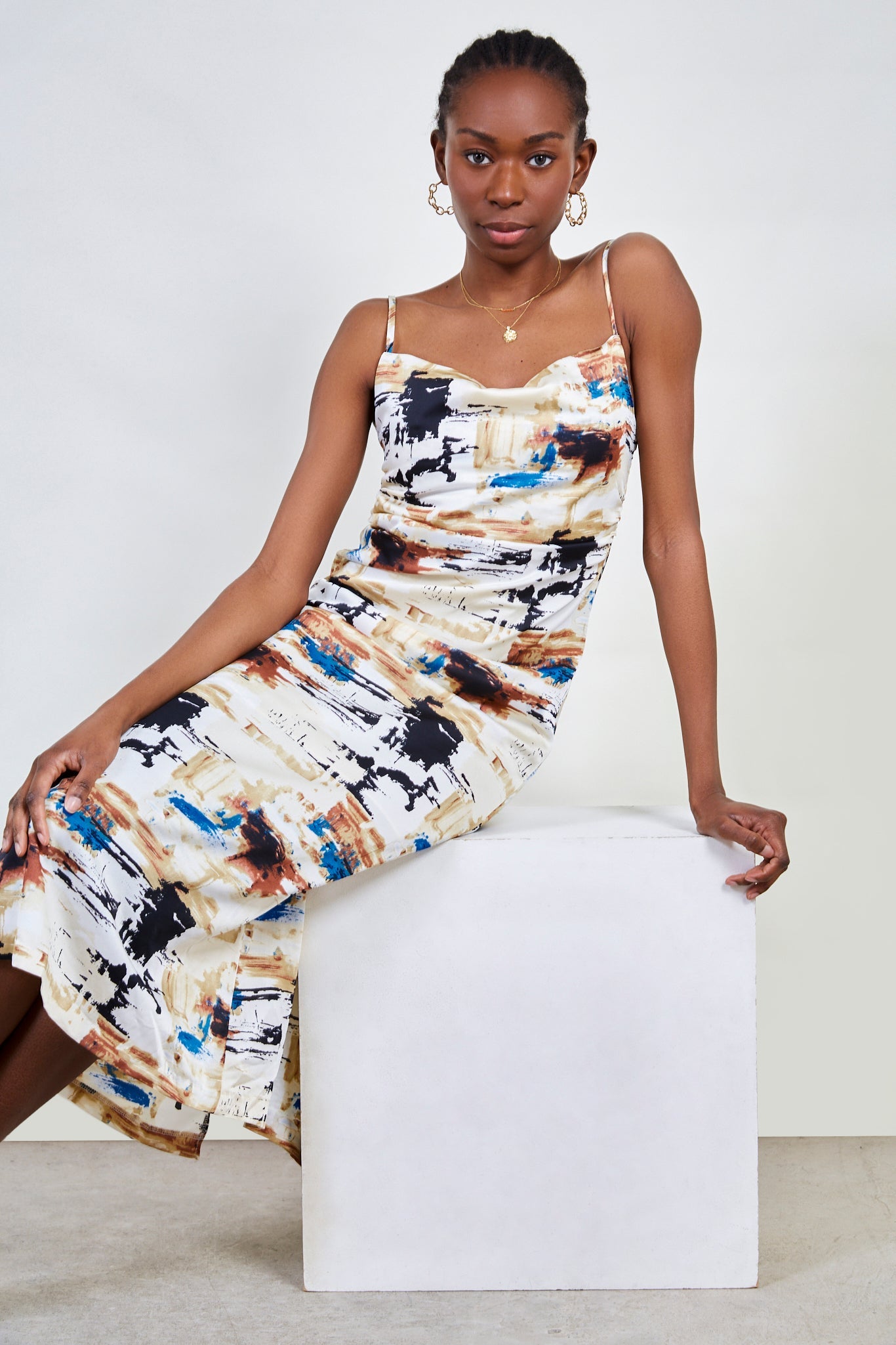 Beige abstract print silky slip dress_2