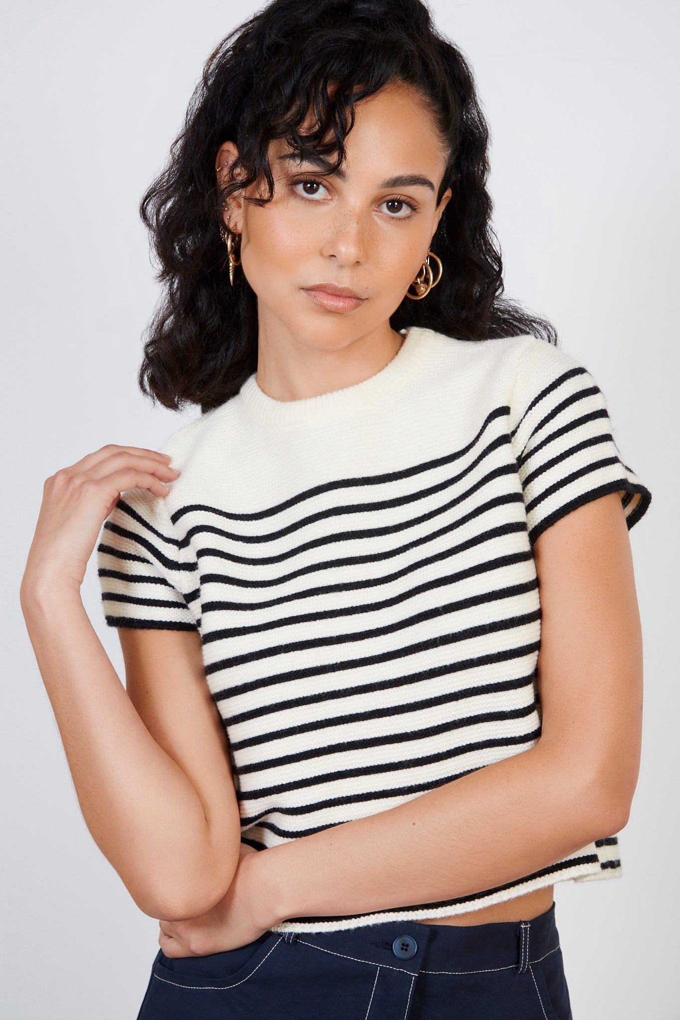 Beige and black striped knit tee_2