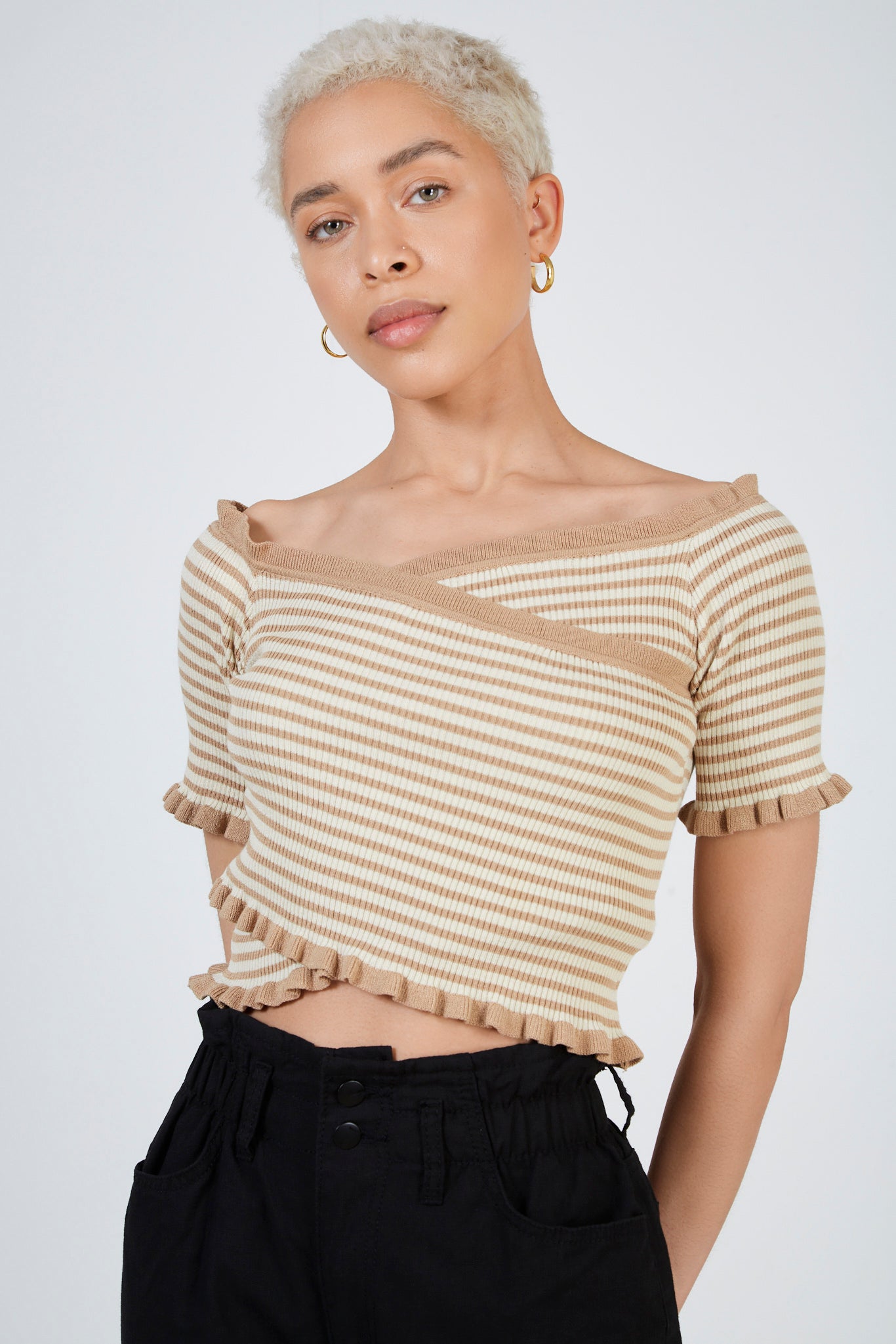 Beige and ivory striped off shoulder top_1
