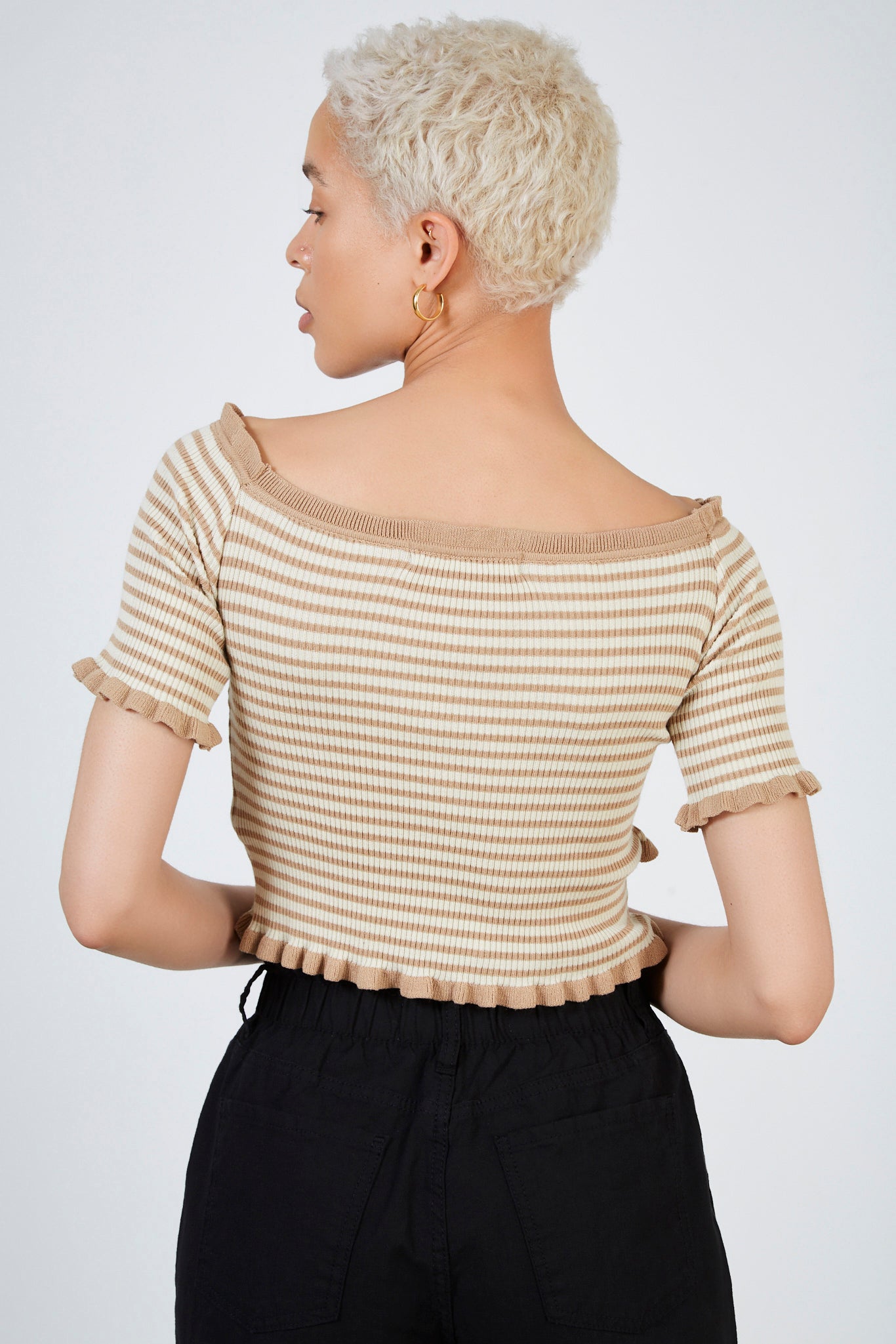 Beige and ivory striped off shoulder top_2