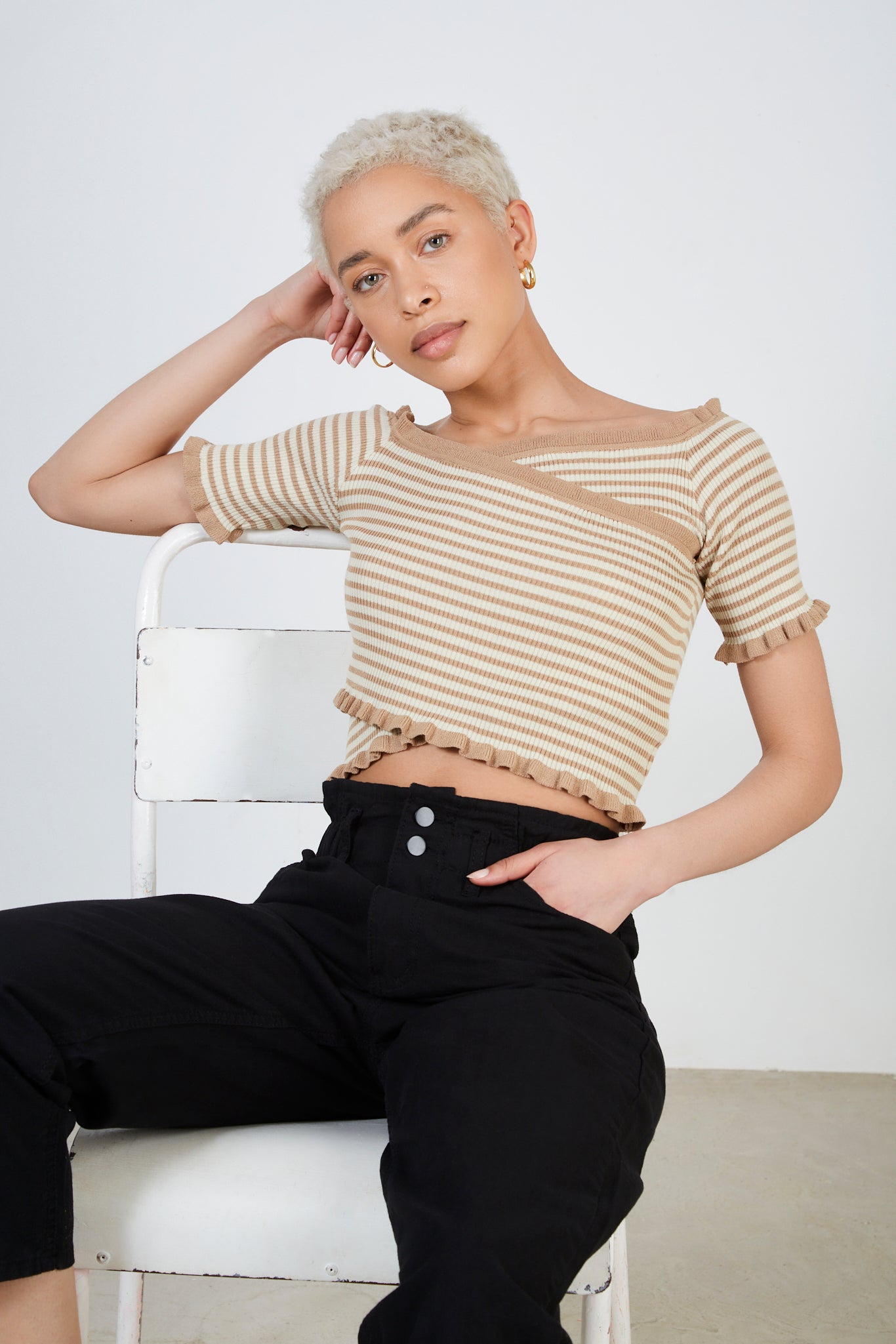Beige and ivory striped off shoulder top_5