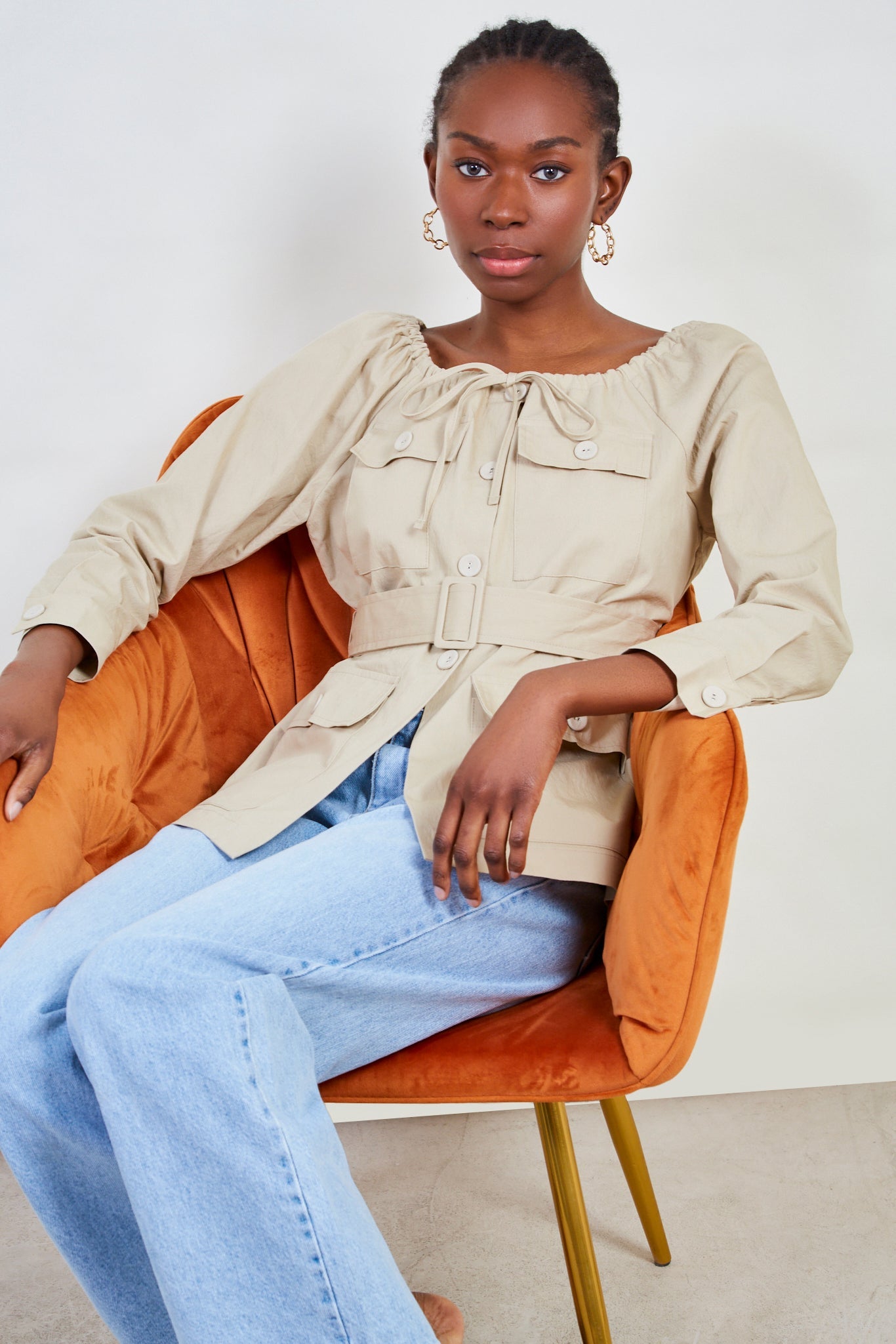 Beige belted off shoulder shirt jacket_5