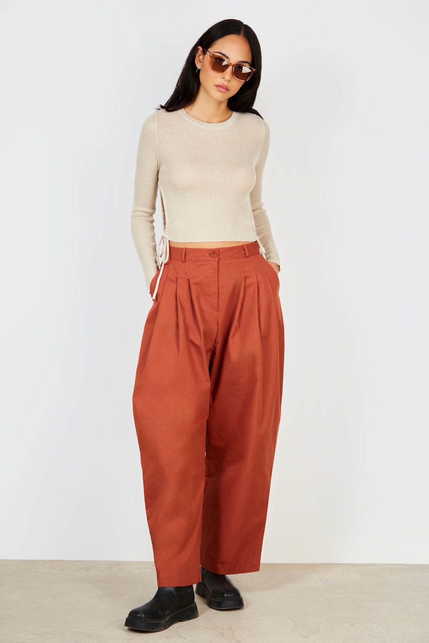 Beige cinch side knit top_3