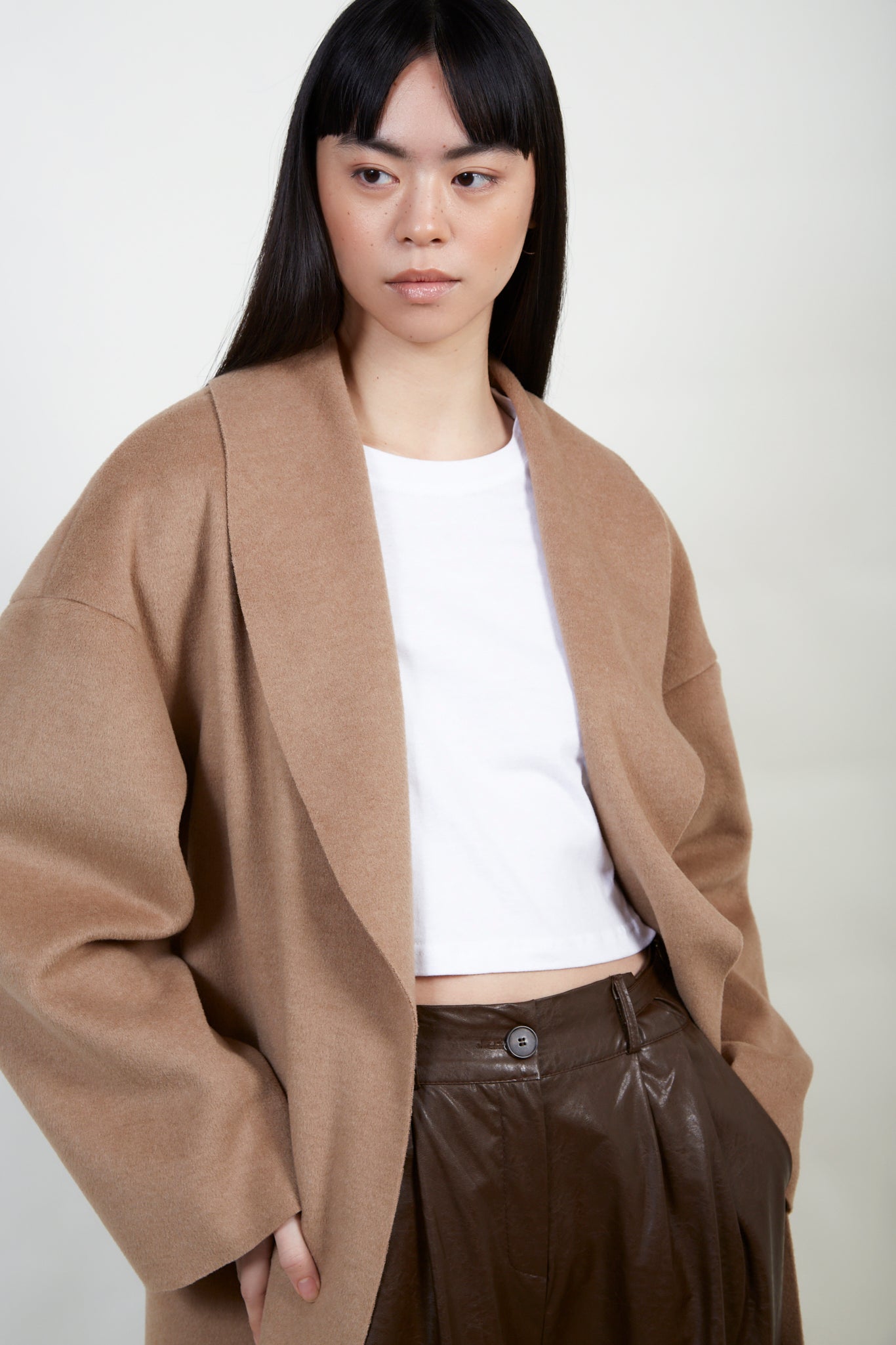 Beige felted wool blend shawl coat_3