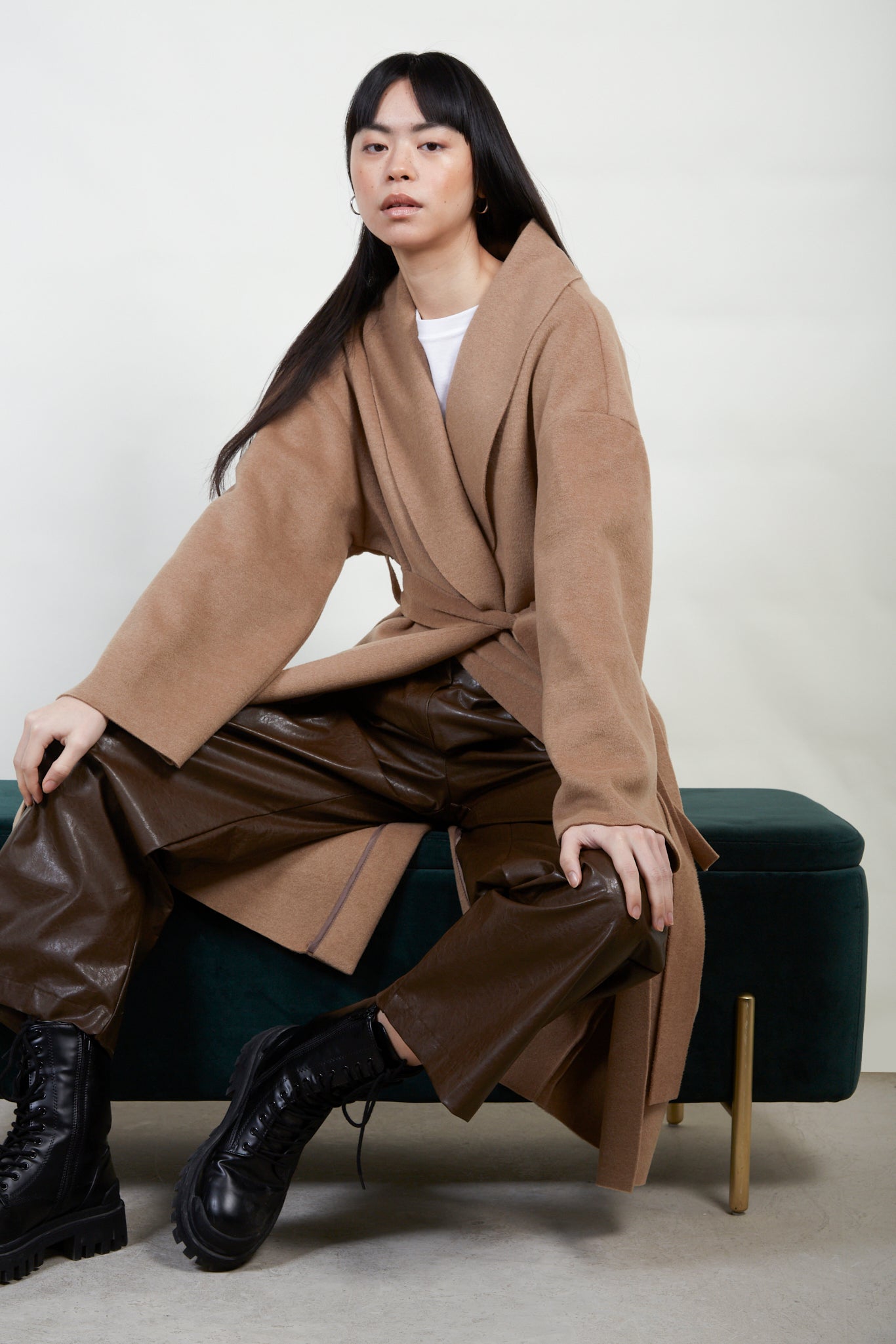 Beige felted wool blend shawl coat_1