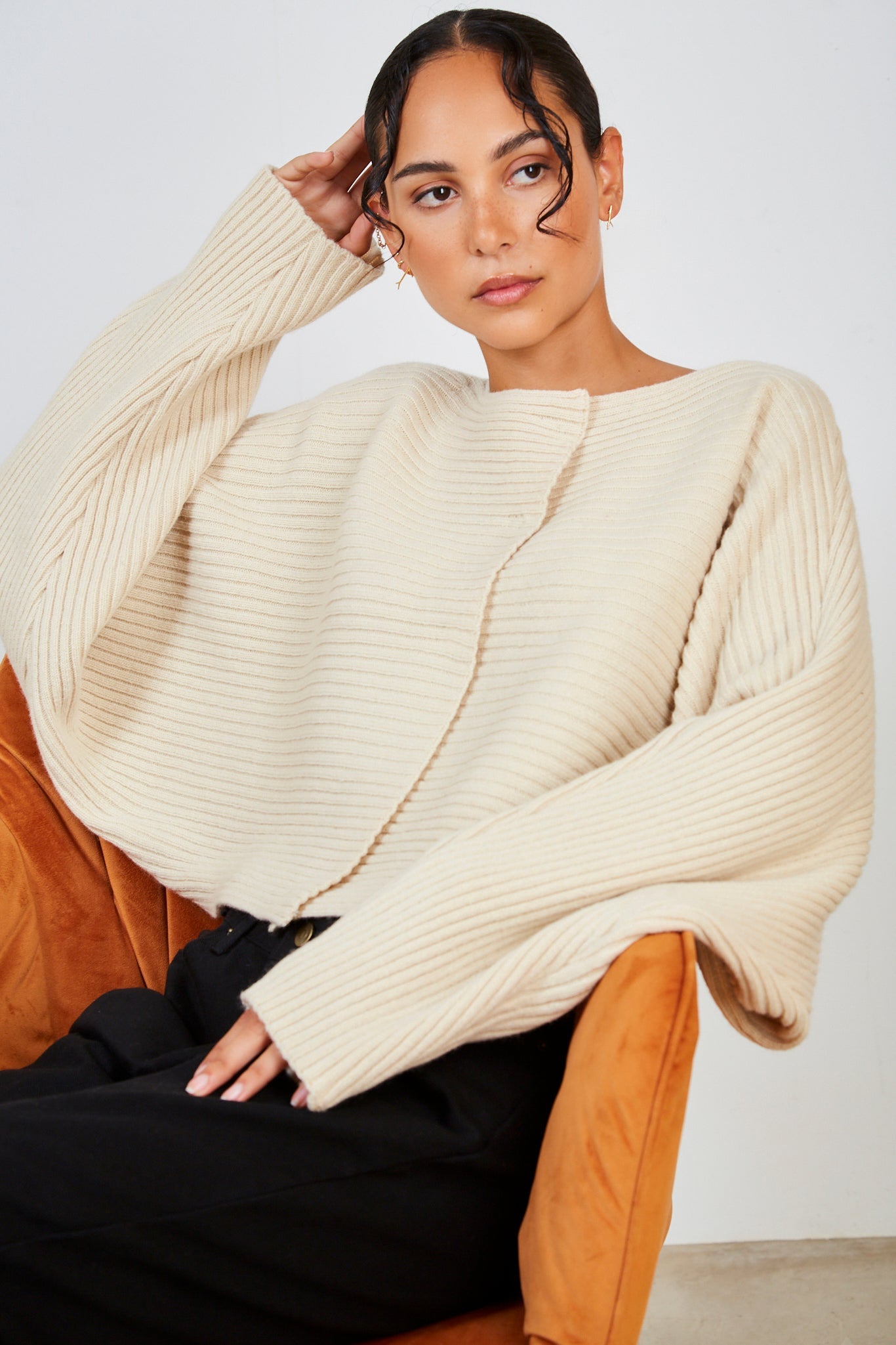 Beige horizontal rib wool blend jumper_1