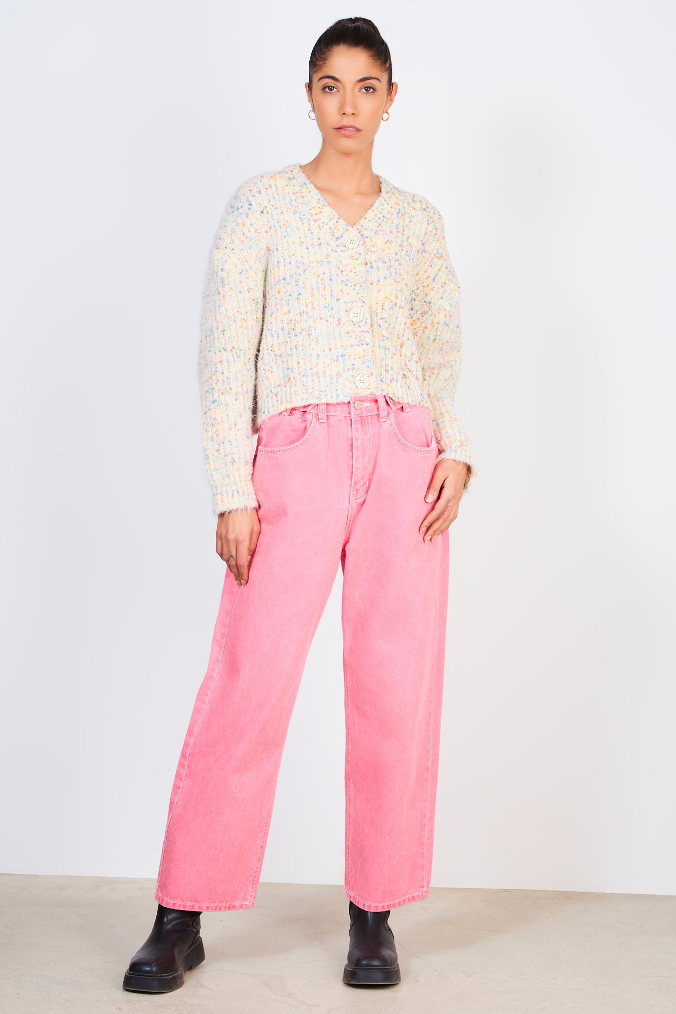 Beige rainbow fleck knit cardigan_3