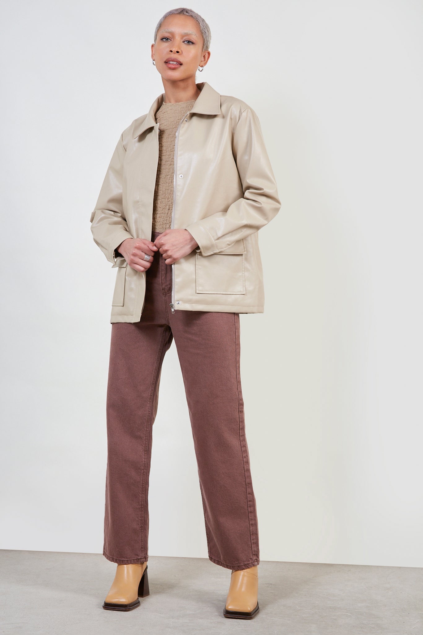 Beige vegan leather belted jacket_6