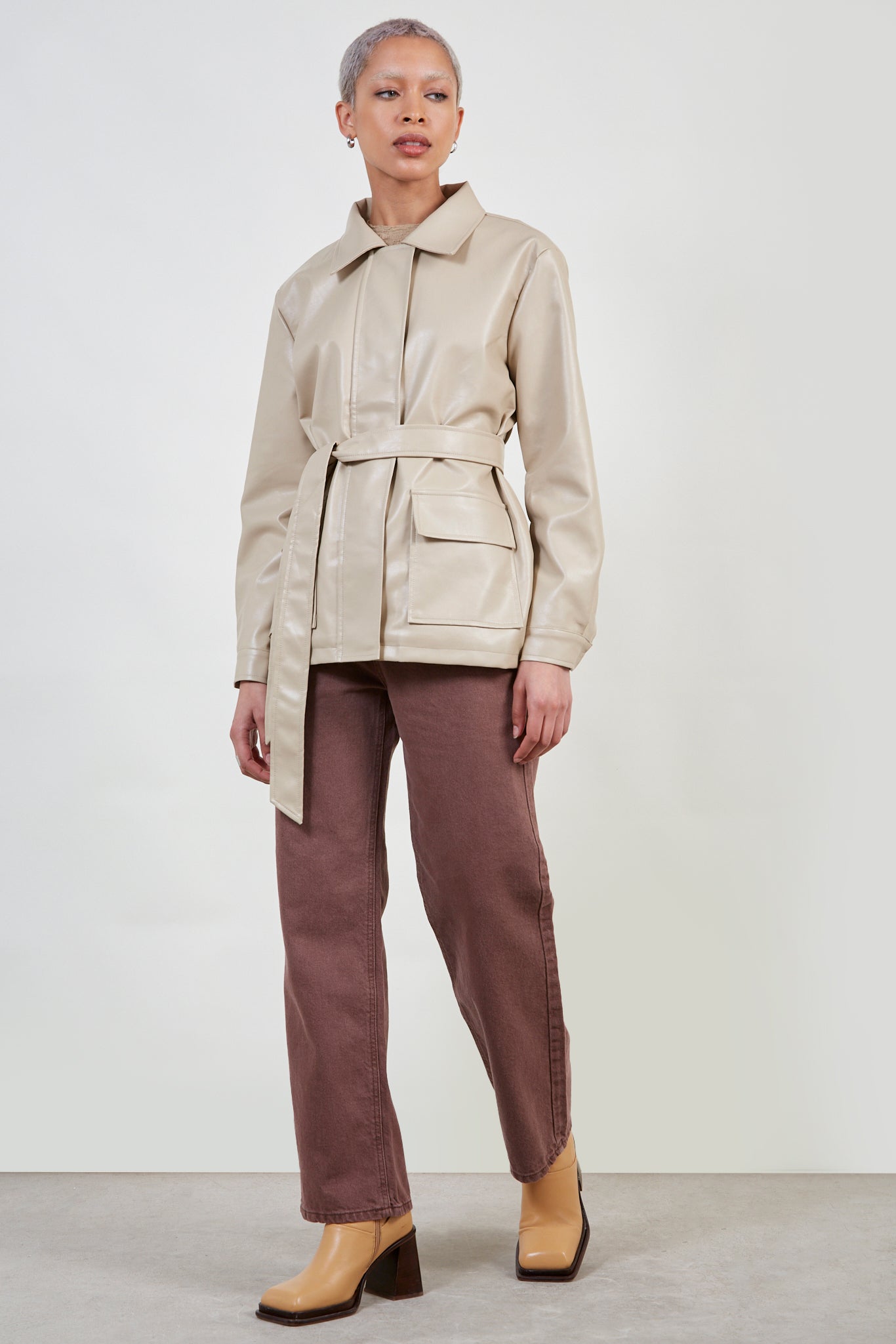Beige vegan leather belted jacket_2