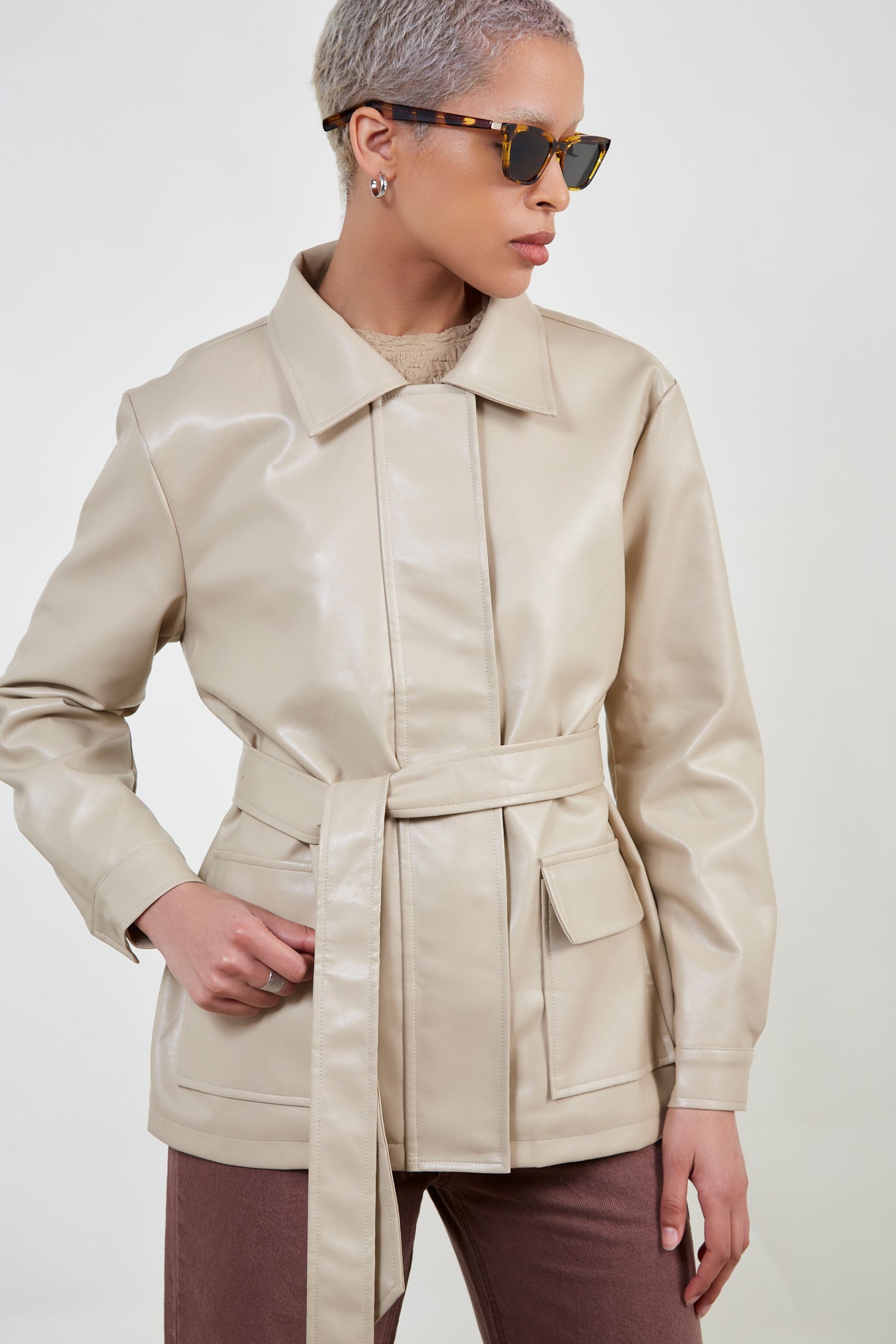 Beige vegan leather belted jacket_1