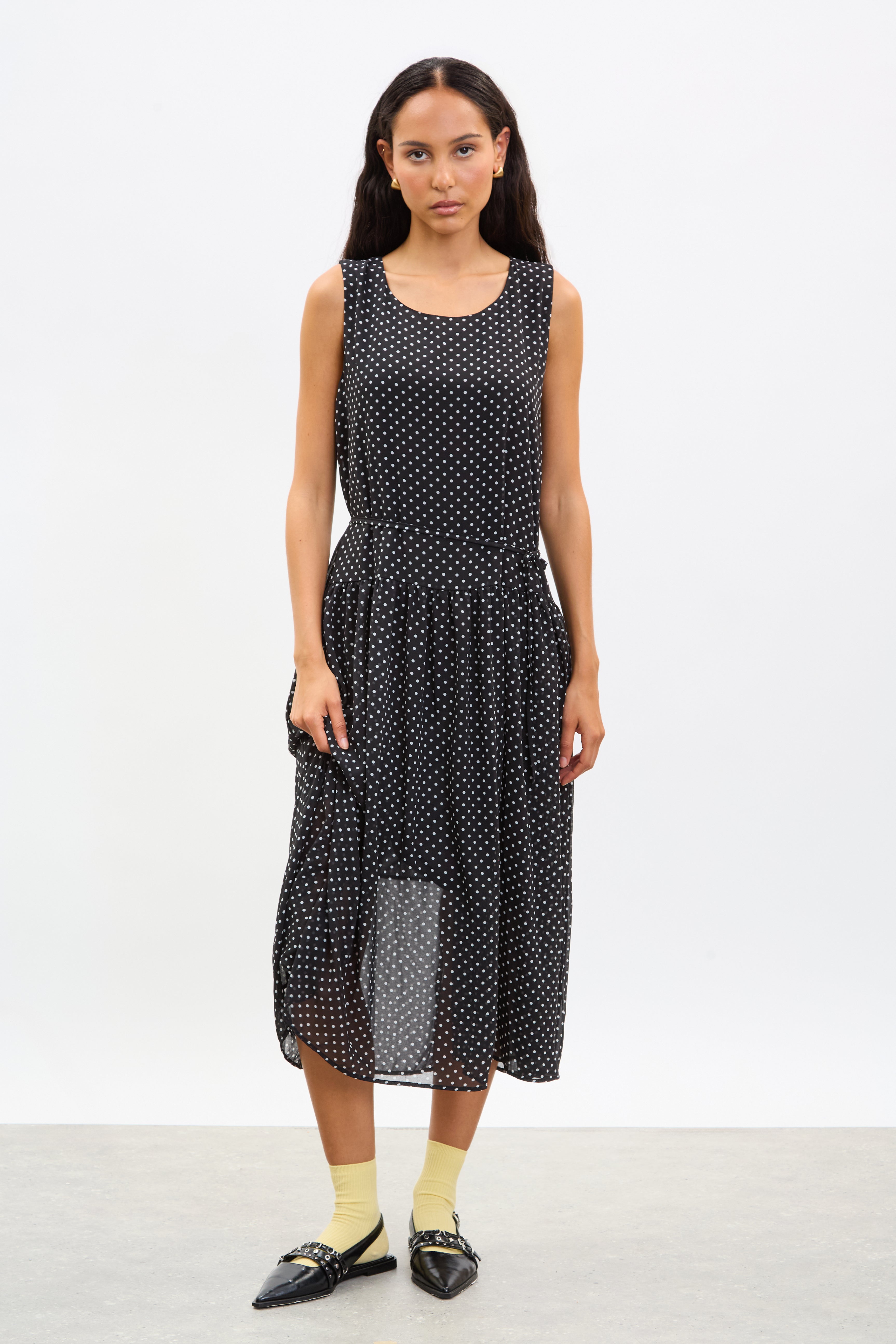 Black and ivory polka dot drop waist dress_1