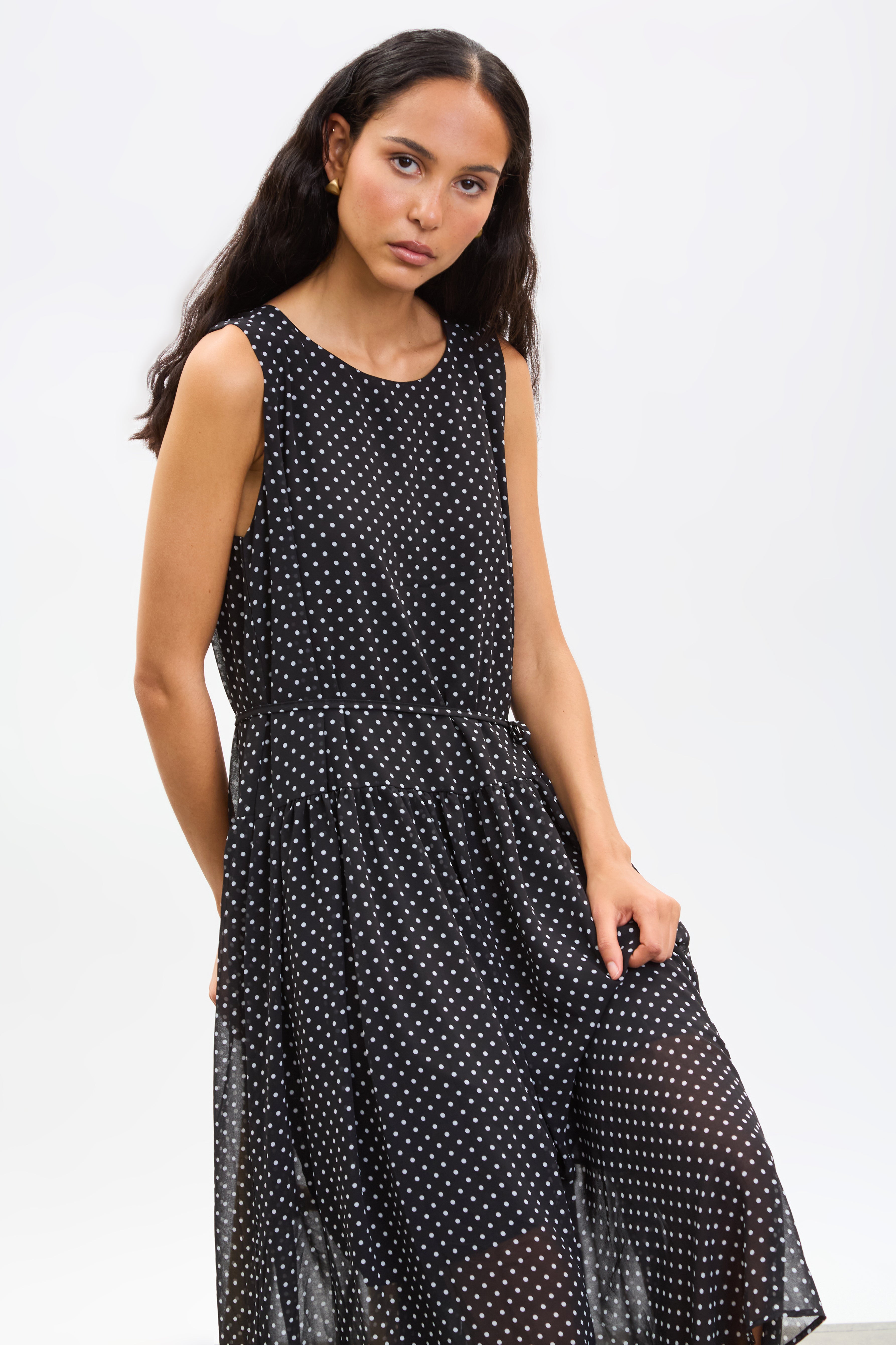 Black and ivory polka dot drop waist dress_5