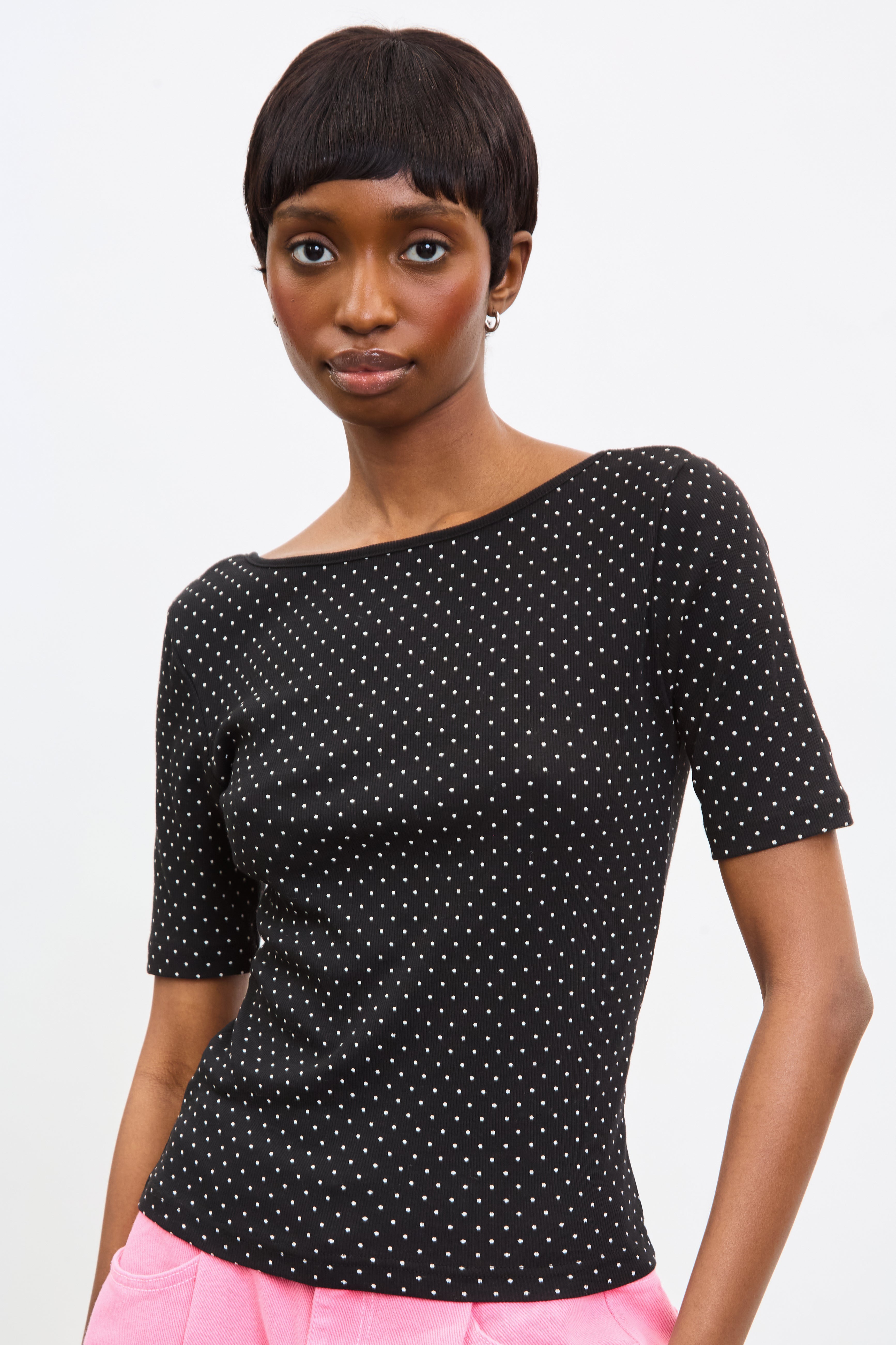 Black and ivory polka dot scoop back tee_1