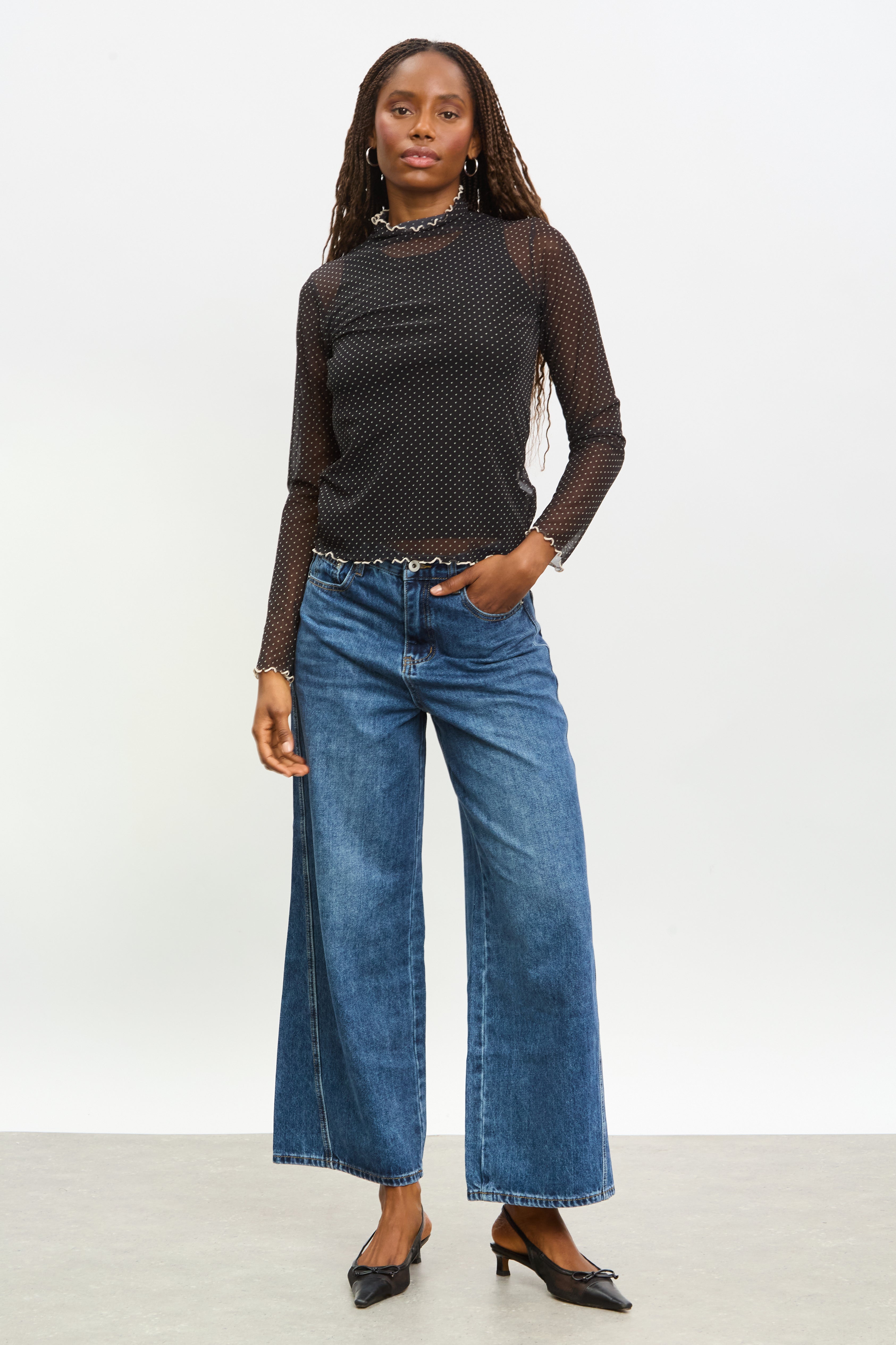 Black and ivory polka dot sheer ruffle trim top_4