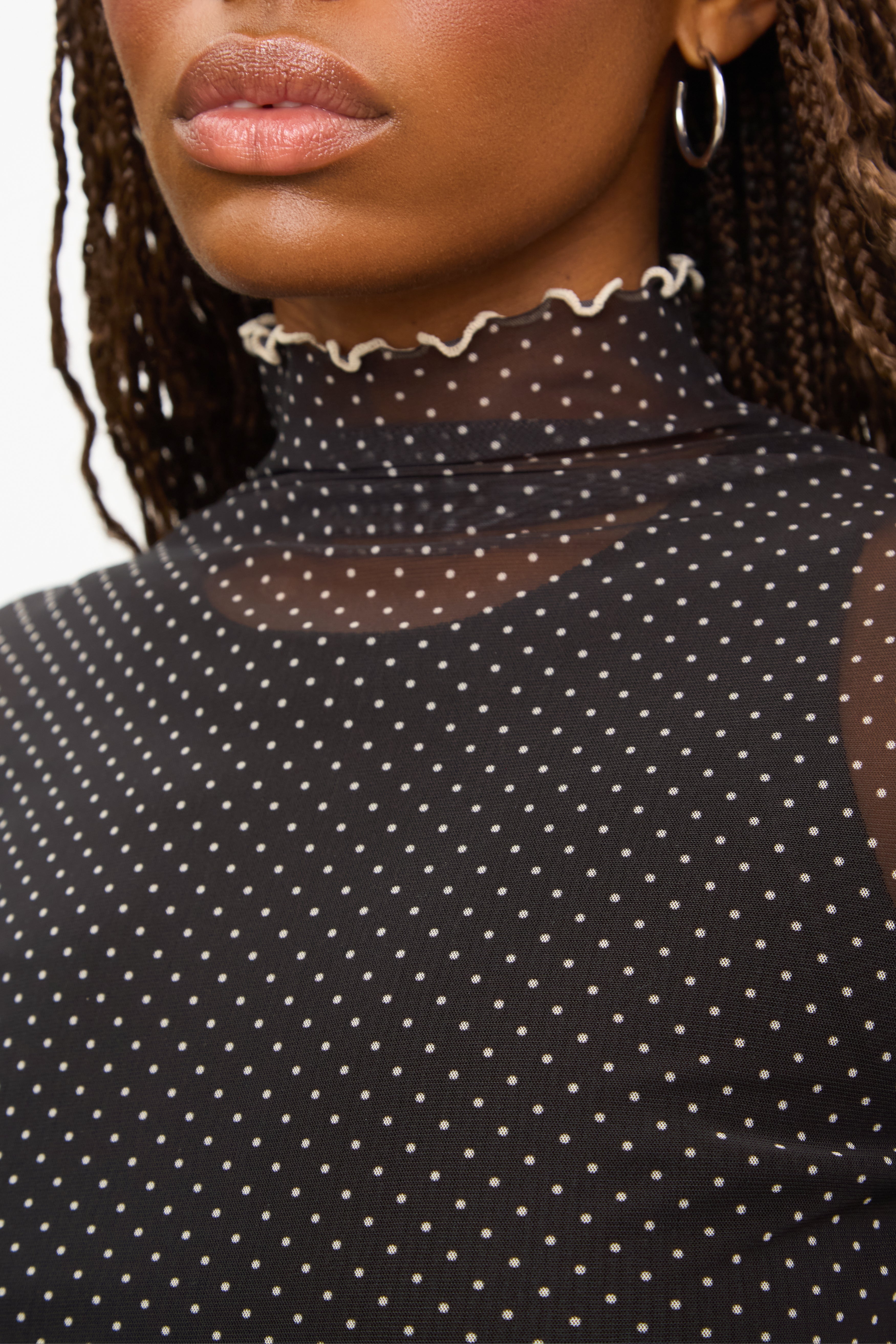 Black and ivory polka dot sheer ruffle trim top_3