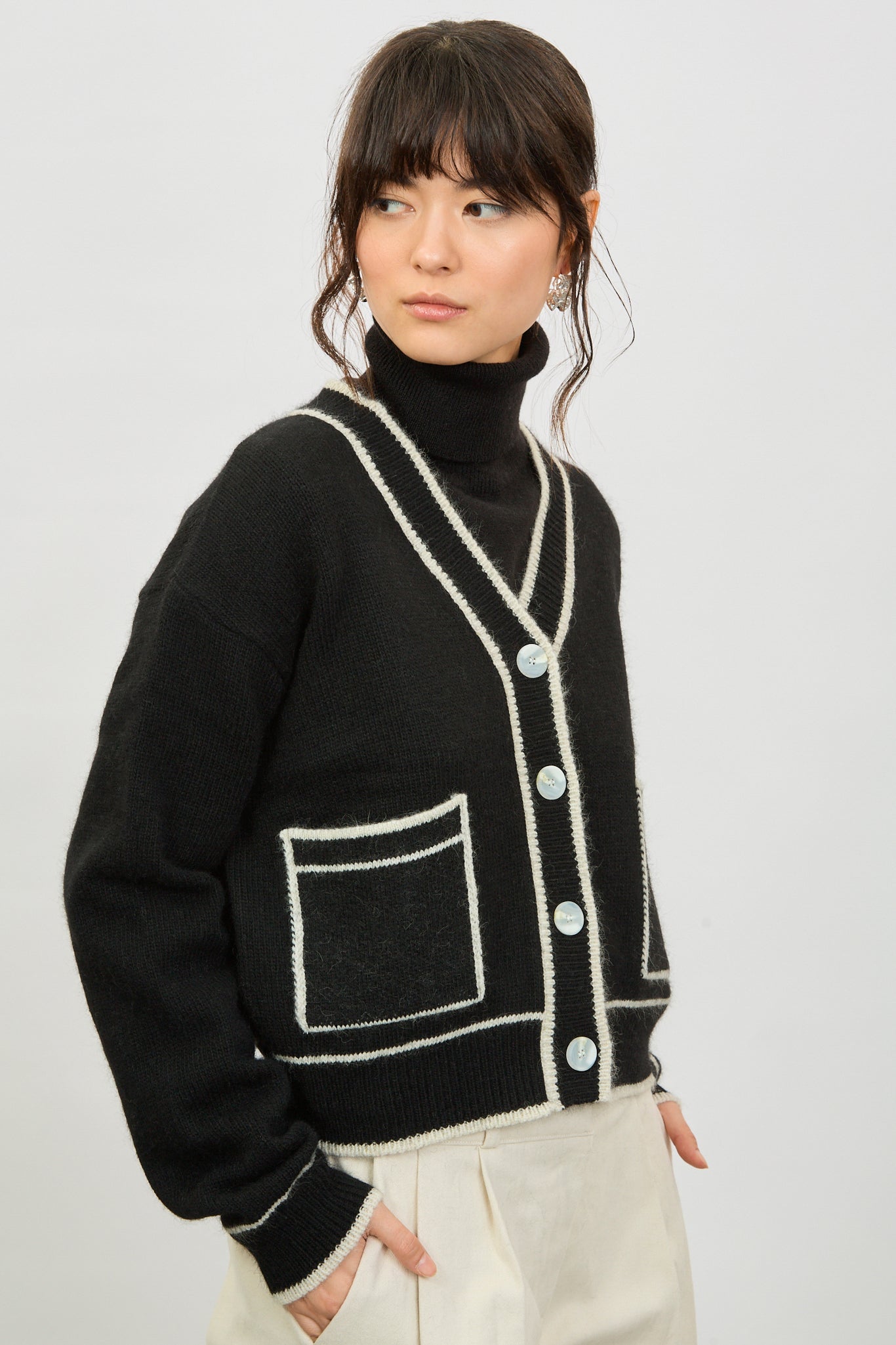 Black and ivory wool blend contrast trim cardigan_1